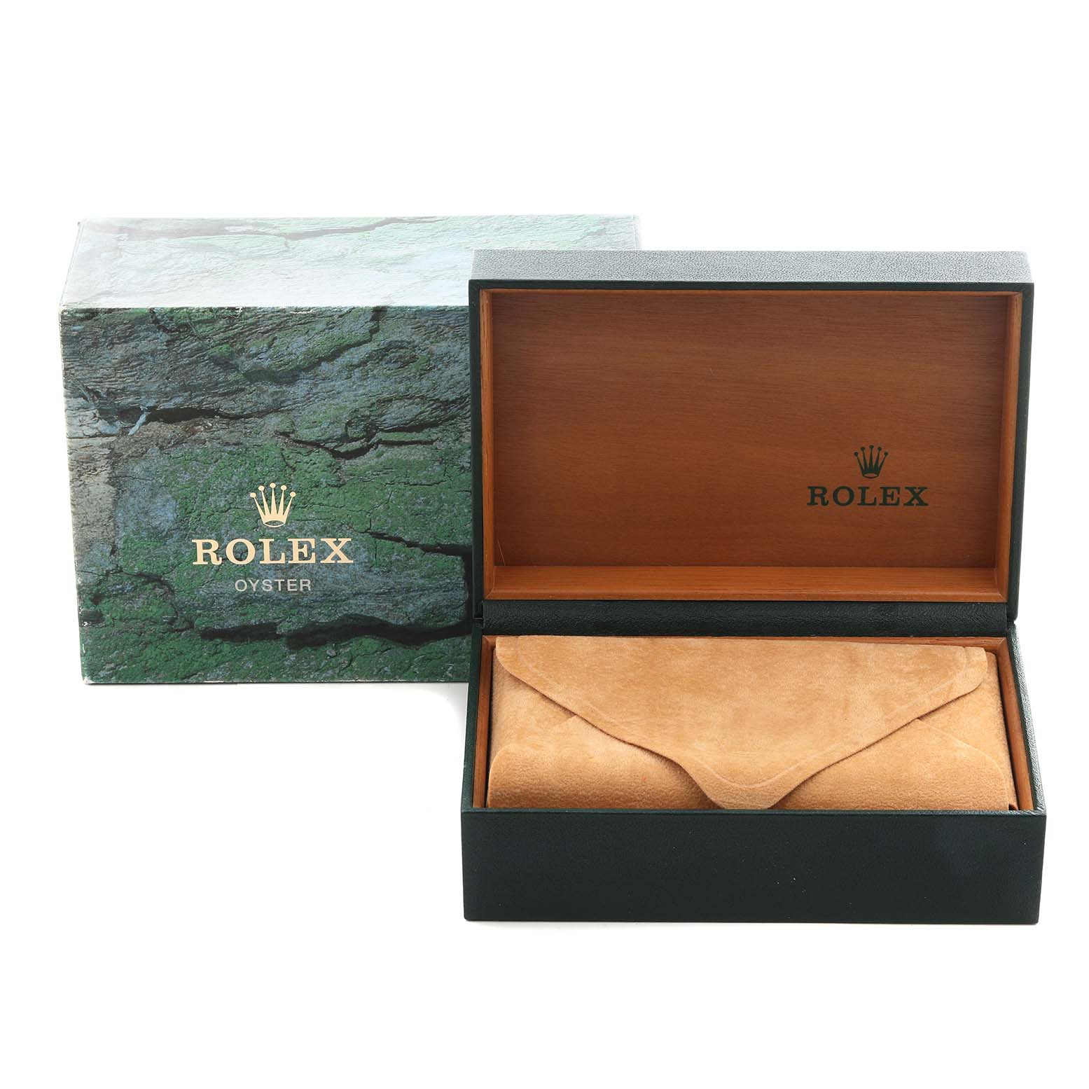 The image shows a Rolex Datejust 16233 Men
s Steel and Gold (two tone) Champagne Dial 16233 Men
s Steel and Gold (two tone) Champagne Dial box set with an open wooden interior and a protective suede pouch inside.