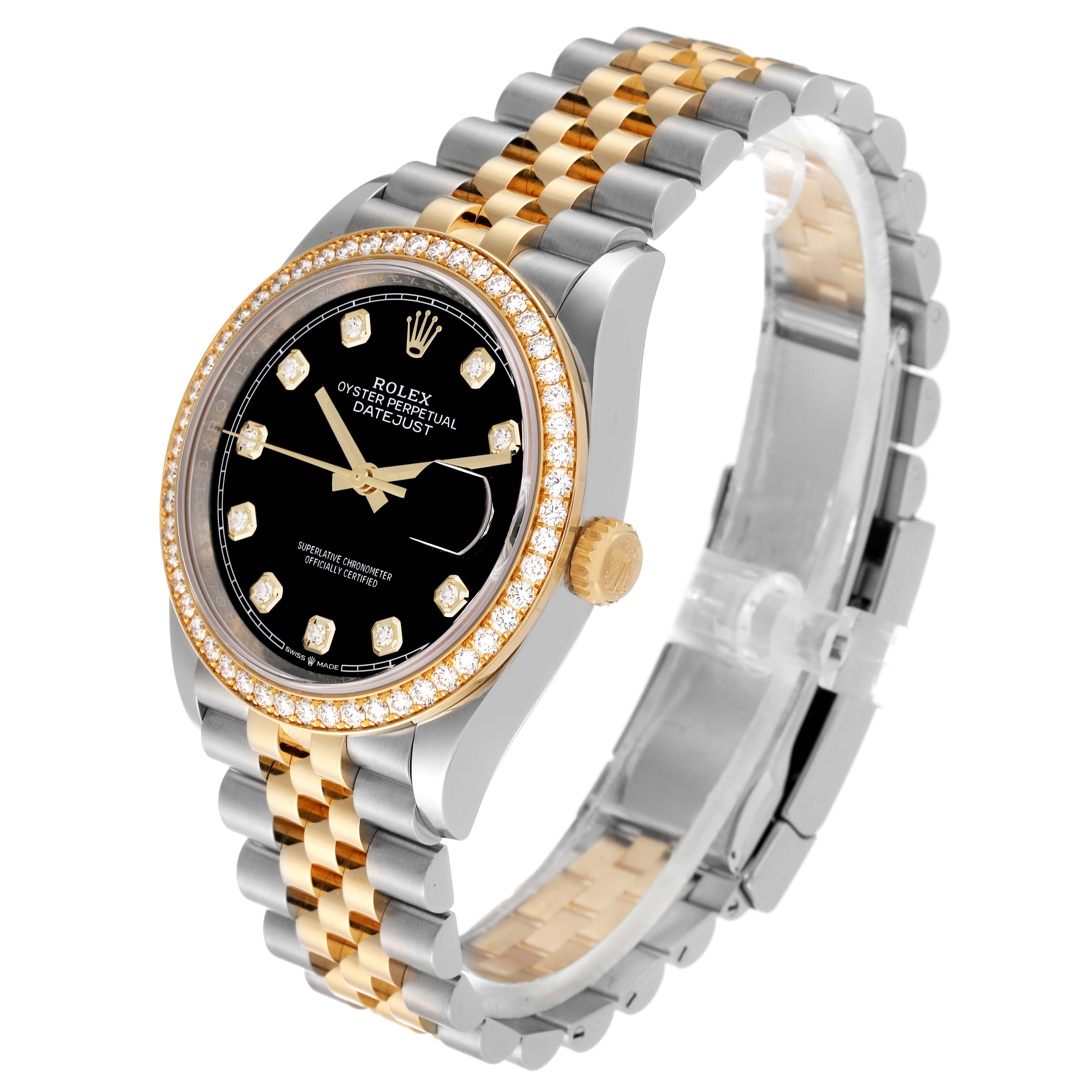 The Rolex Datejust M126283RBR-0003 Men's Steel and Gold (two tone) Black Dial M126283RBR-0003 Men's Steel and Gold (two tone) Black Dial watch is shown at a slight angle, displaying its black dial, diamond hour markers, bezel, and two-tone bracelet.