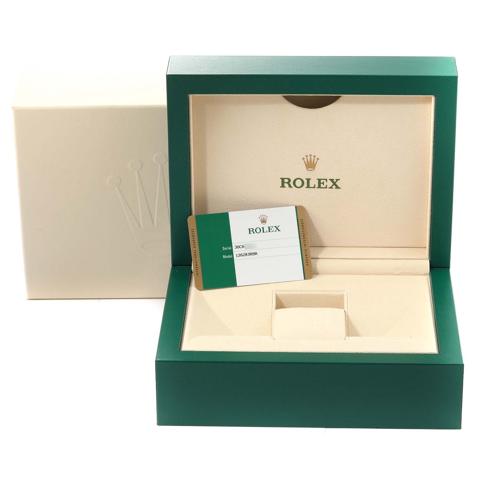 The image displays the opened packaging for a Rolex Datejust M126283RBR-0003 Men's Steel and Gold (two tone) Black Dial M126283RBR-0003 Men's Steel and Gold (two tone) Black Dial model, showcasing its box and card.