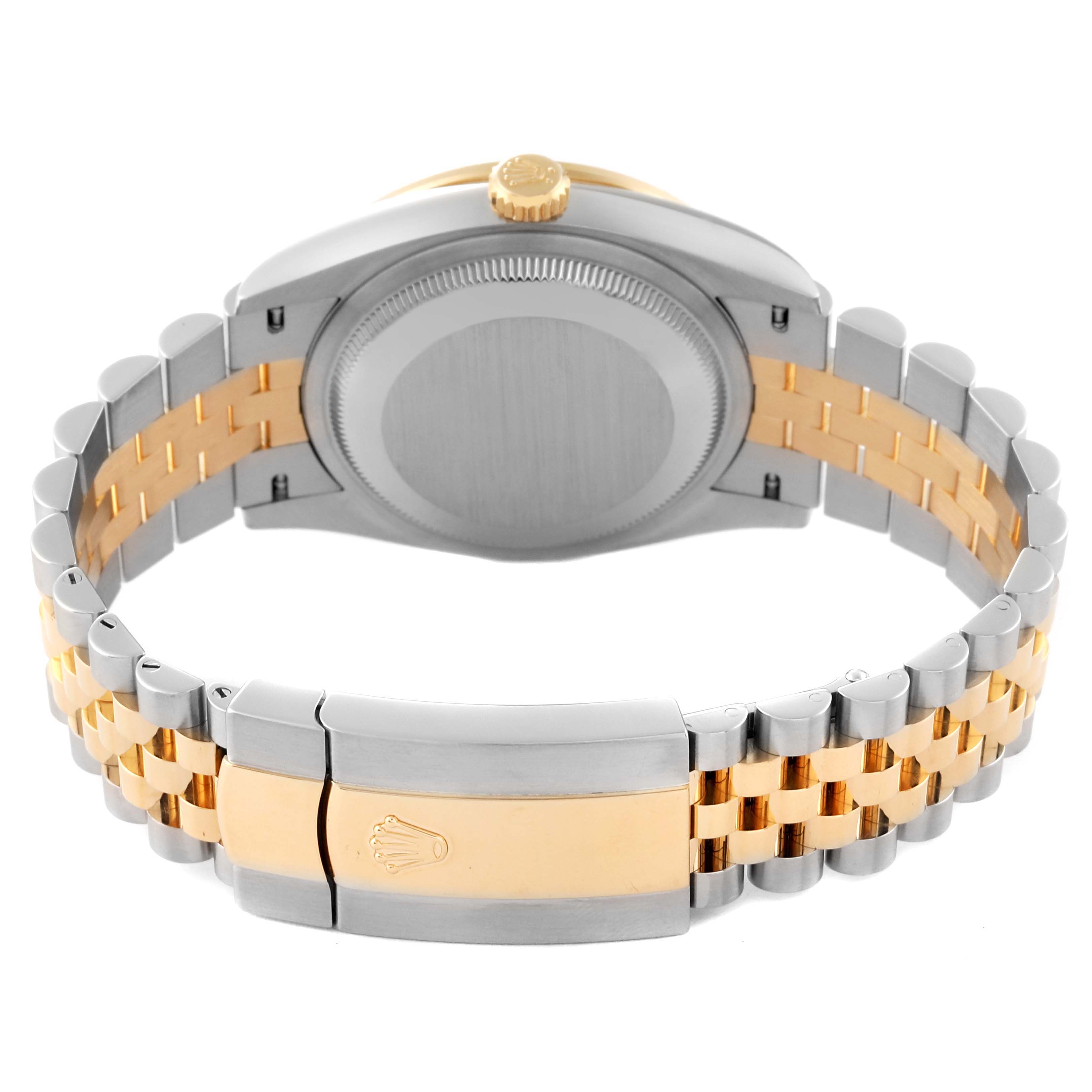 The image shows the back view of the Rolex Datejust M126283RBR-0003 Men's Steel and Gold (two tone) Black Dial M126283RBR-0003 Men's Steel and Gold (two tone) Black Dial watch, focusing on the case back and the two-tone Jubilee bracelet with the clasp.