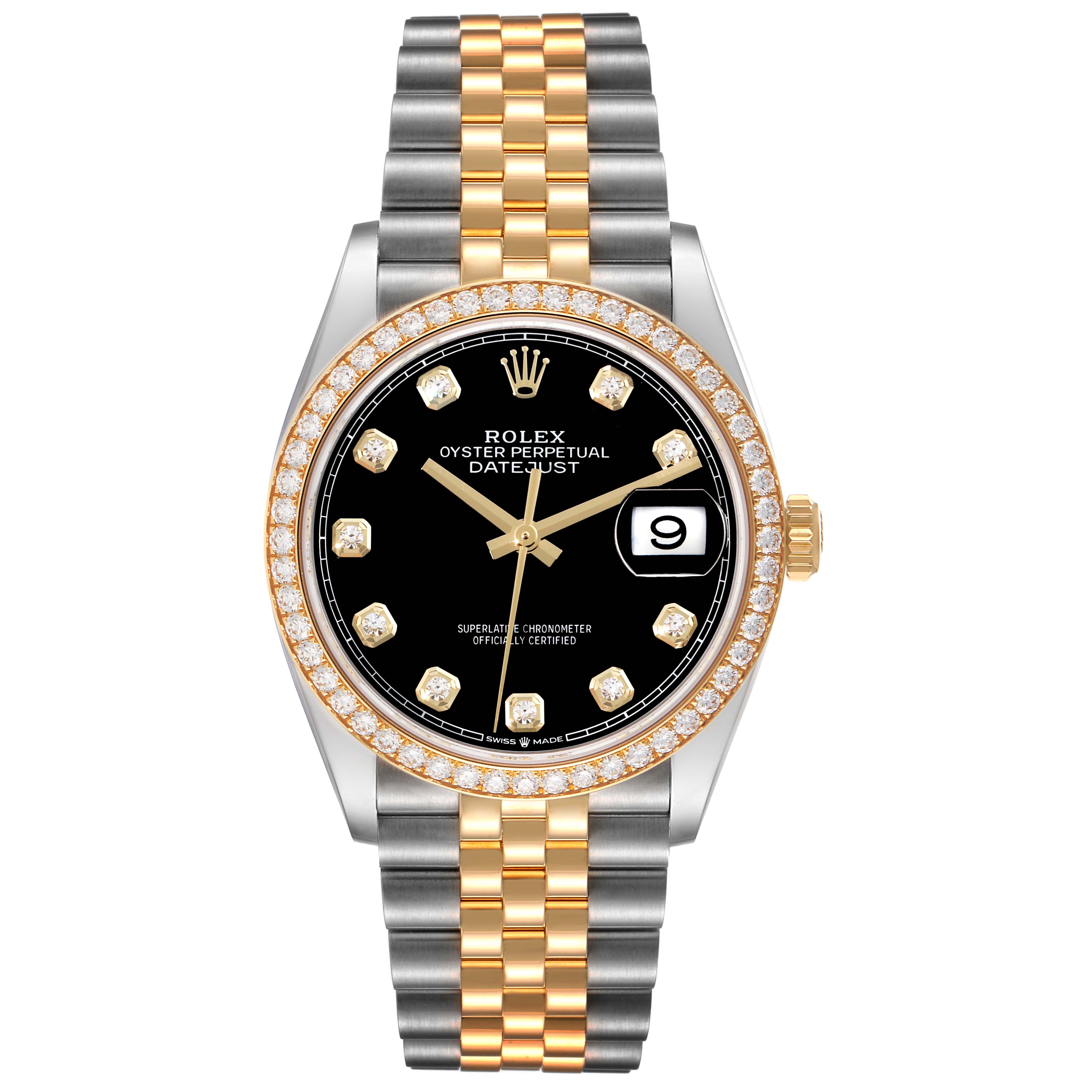 The Rolex Datejust M126283RBR-0003 Men's Steel and Gold (two tone) Black Dial M126283RBR-0003 Men's Steel and Gold (two tone) Black Dial watch is shown from a front angle, highlighting its dial, bezel, and bracelet.