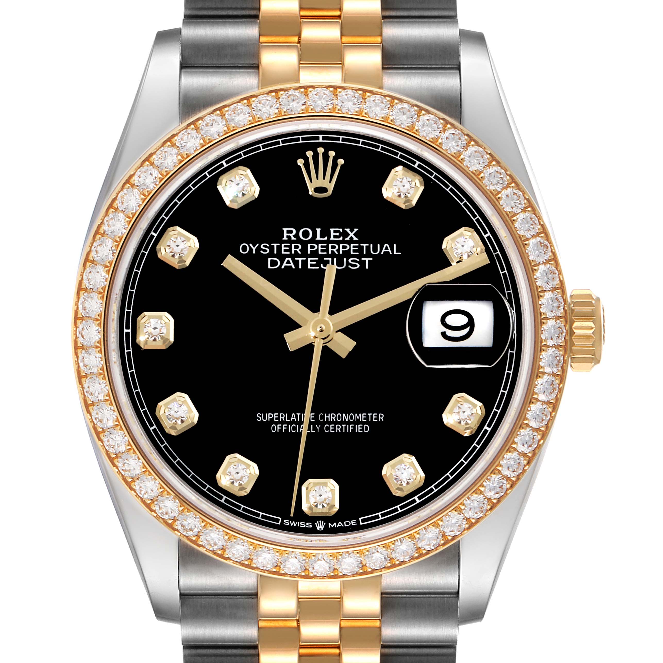 This image shows a front view of the Rolex Datejust M126283RBR-0003 Men's Steel and Gold (two tone) Black Dial M126283RBR-0003 Men's Steel and Gold (two tone) Black Dial watch featuring a black dial, diamond hour markers, and a two-tone bracelet.