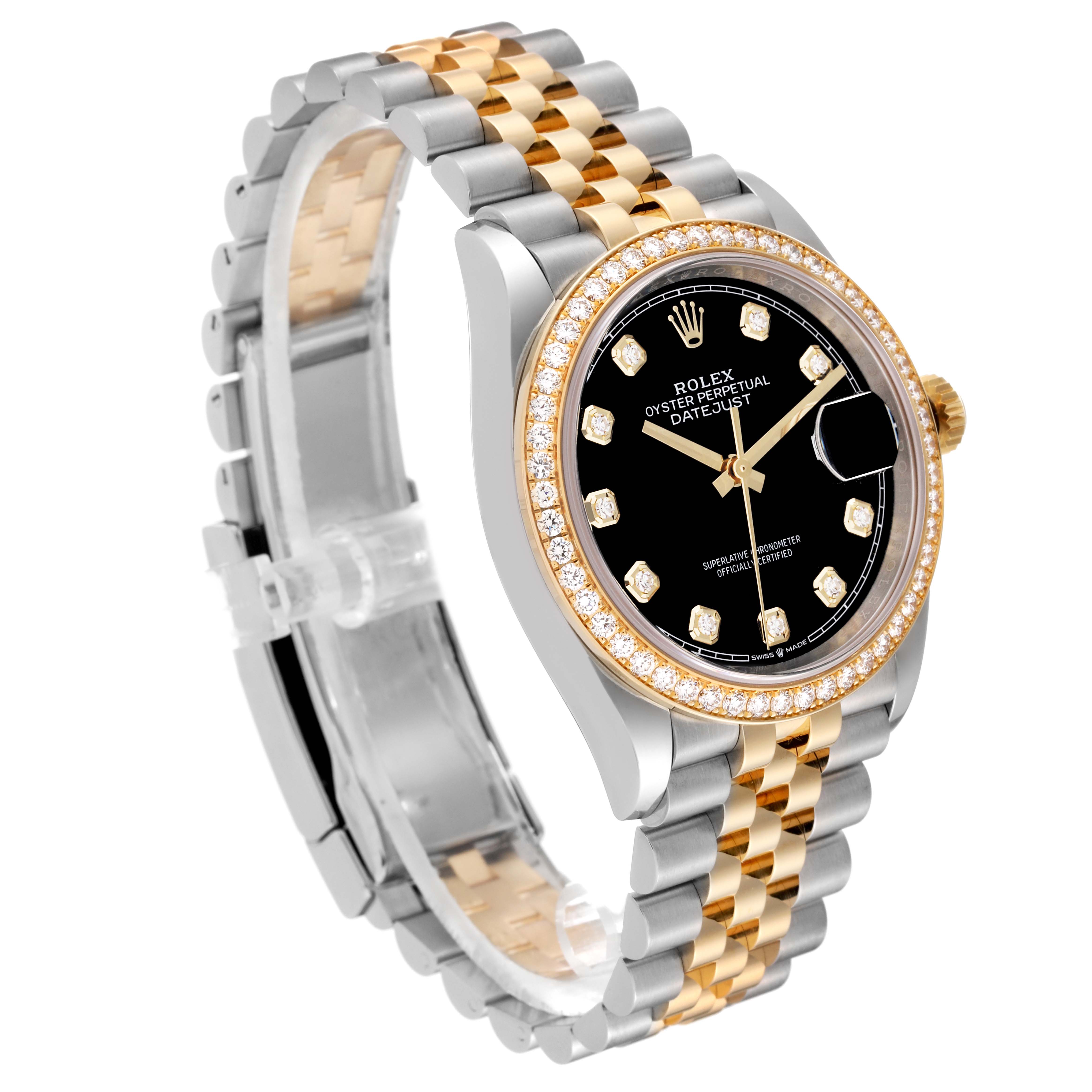 The Rolex Datejust M126283RBR-0003 Men's Steel and Gold (two tone) Black Dial M126283RBR-0003 Men's Steel and Gold (two tone) Black Dial watch is shown at a slight angle, highlighting its face, bezel, and bi-metal bracelet.