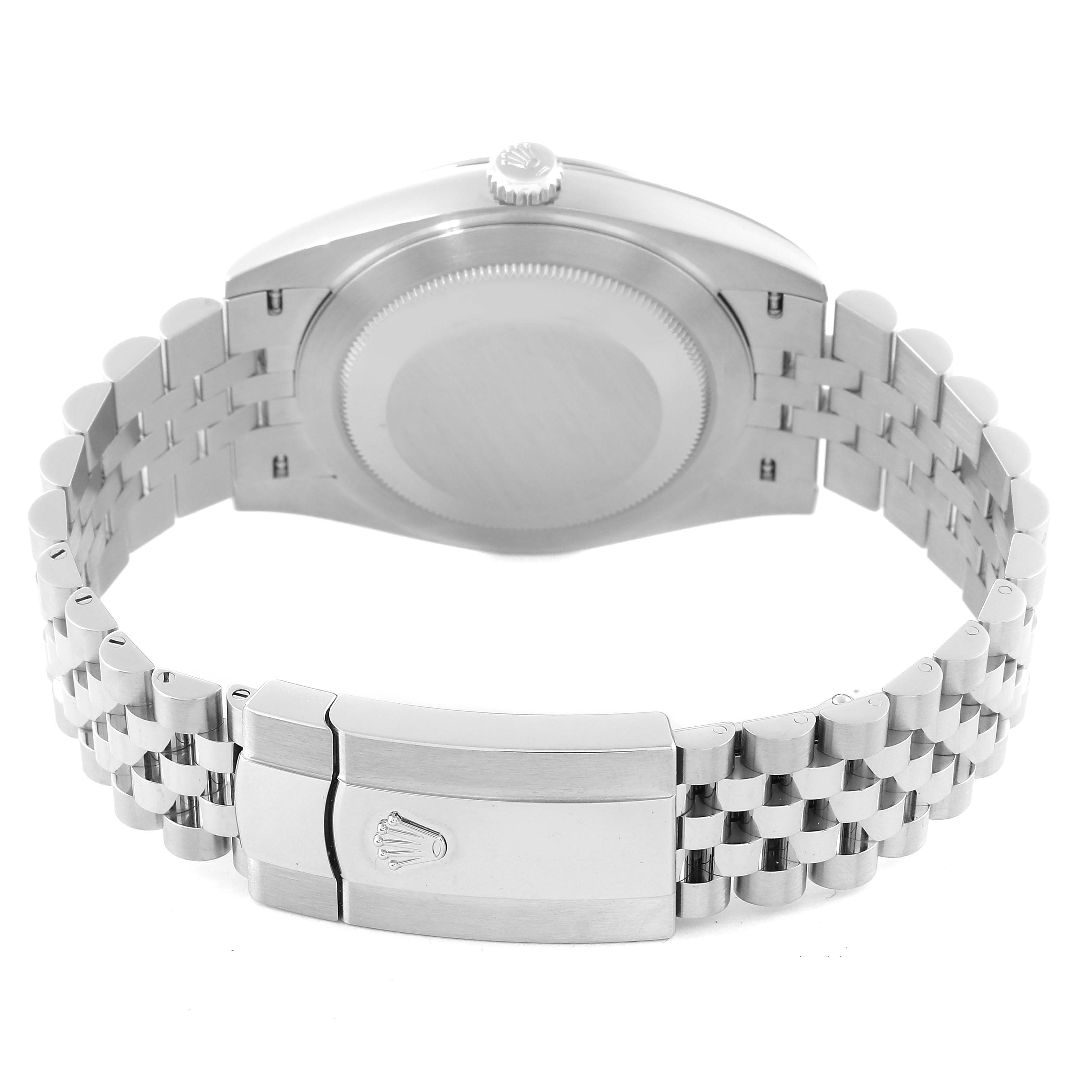 The image shows the back and bracelet clasp of the Rolex Datejust 41 126300 Men
s Stainless Steel Green Dial 126300 Men
s Stainless Steel Green Dial watch, emphasizing its metal links and engraved logo.