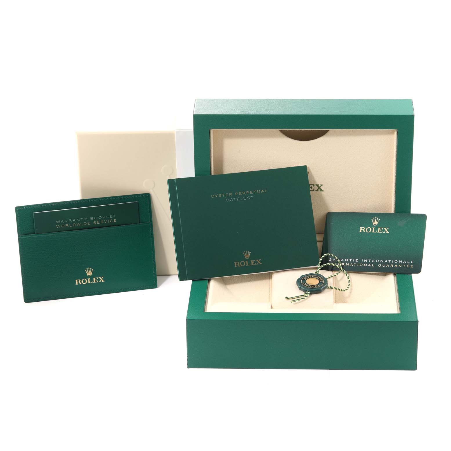 The image shows the open box, warranty booklet, international guarantee card, and tag of the Rolex Datejust 41 126300 Men
s Stainless Steel Green Dial 126300 Men
s Stainless Steel Green Dial model.