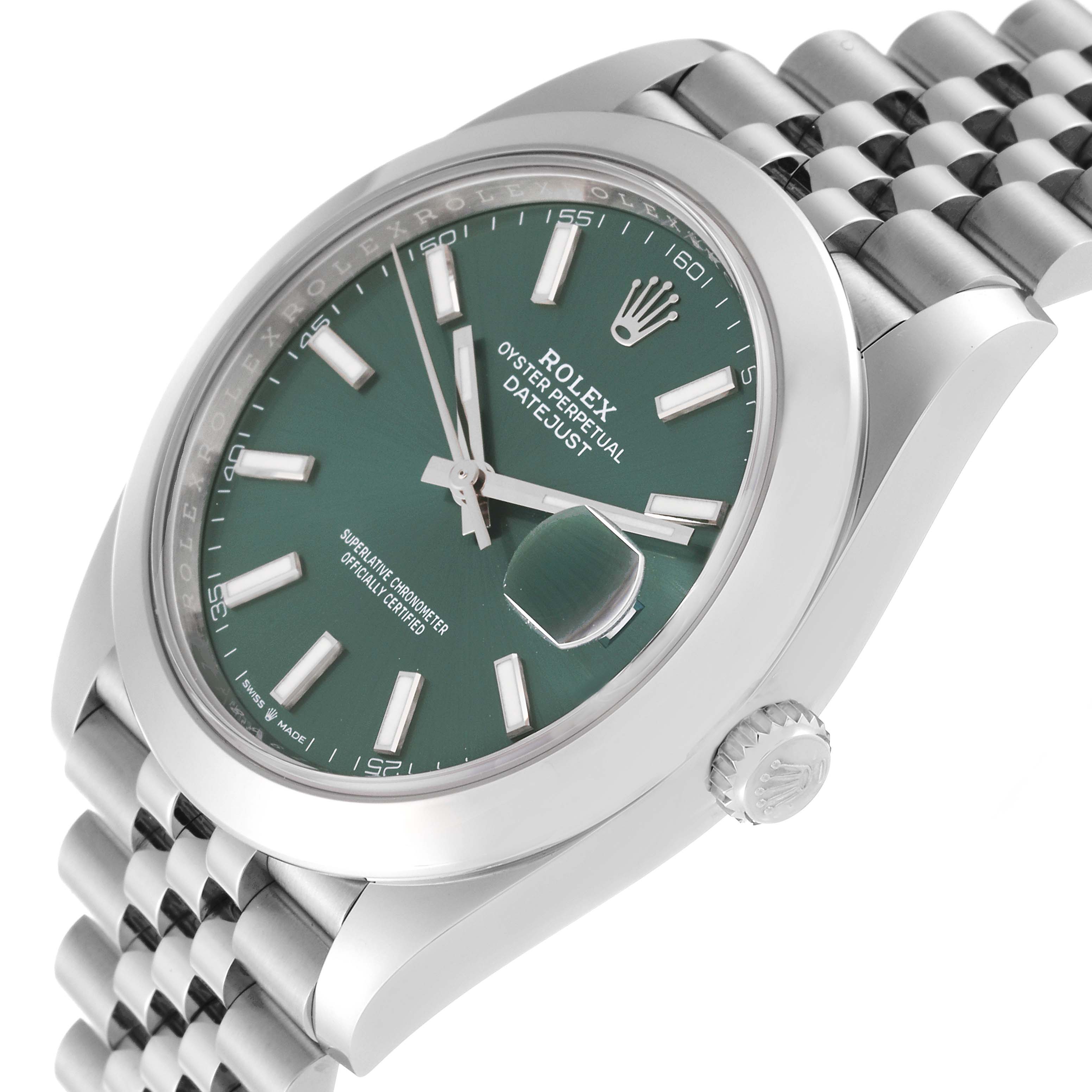 The image shows a close-up, angled view of the Rolex Datejust 41 126300 Men
s Stainless Steel Green Dial 126300 Men
s Stainless Steel Green Dial watch displaying its face, crown, and part of the bracelet.