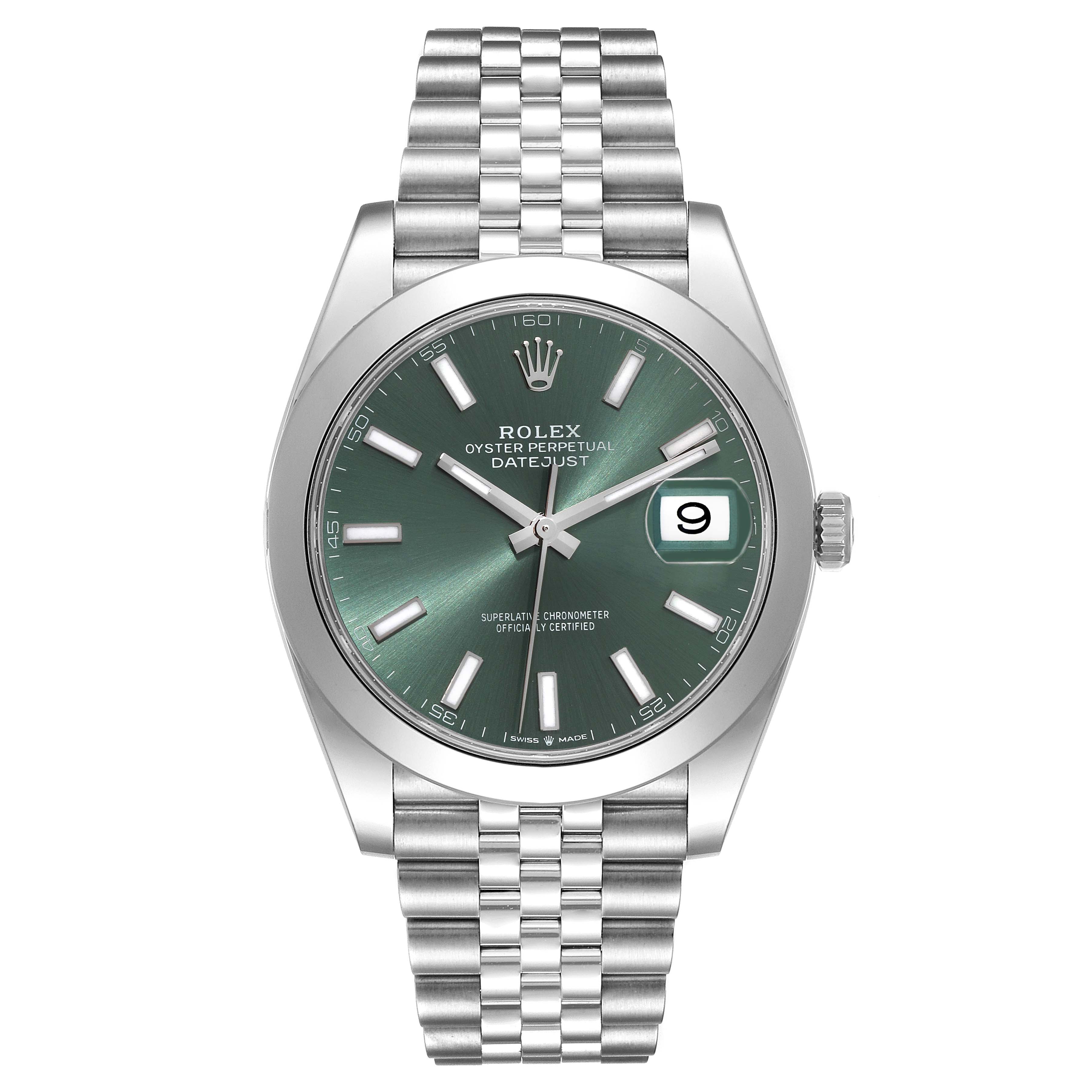 This image shows the front view of the Rolex Datejust 41 126300 Men
s Stainless Steel Green Dial 126300 Men
s Stainless Steel Green Dial, featuring its green dial, date display, and Jubilee bracelet.