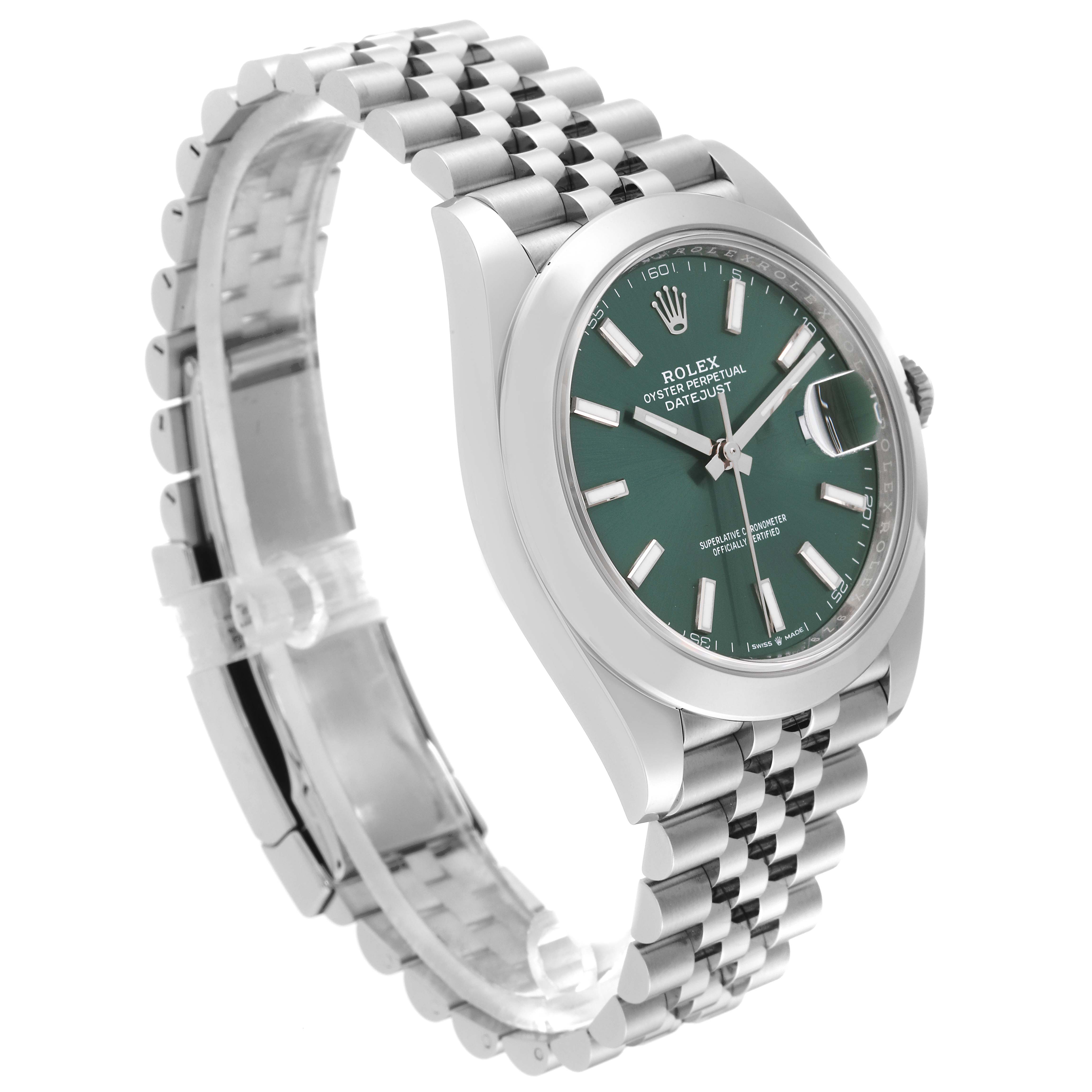 The image shows a side angle of the Rolex Datejust 41 126300 Men
s Stainless Steel Green Dial 126300 Men
s Stainless Steel Green Dial watch, highlighting its green dial, stainless steel case, and Jubilee bracelet.