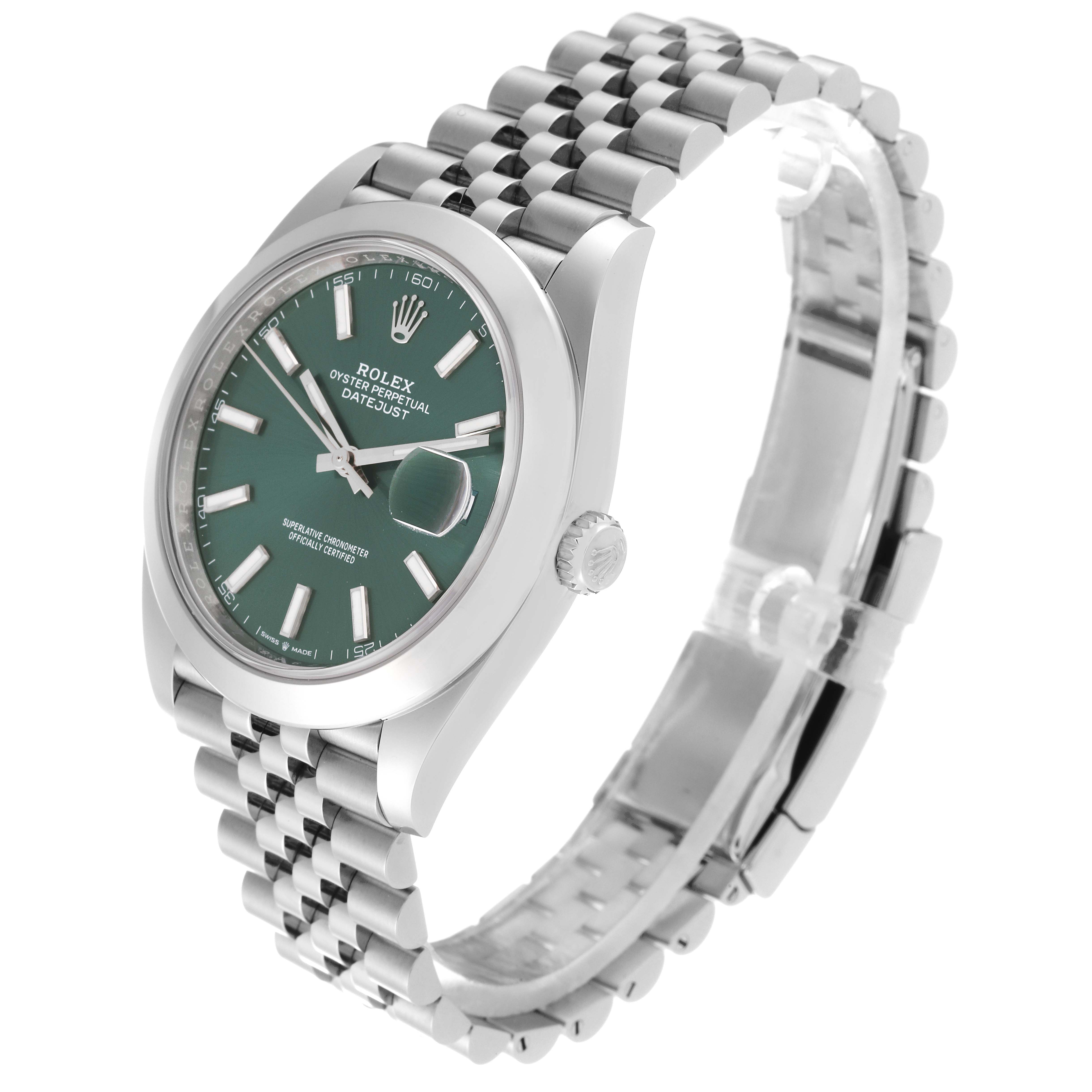 The image shows a Rolex Datejust 41 126300 Men
s Stainless Steel Green Dial 126300 Men
s Stainless Steel Green Dial watch at an angled view, displaying the face, dial, bezel, crown, and bracelet.