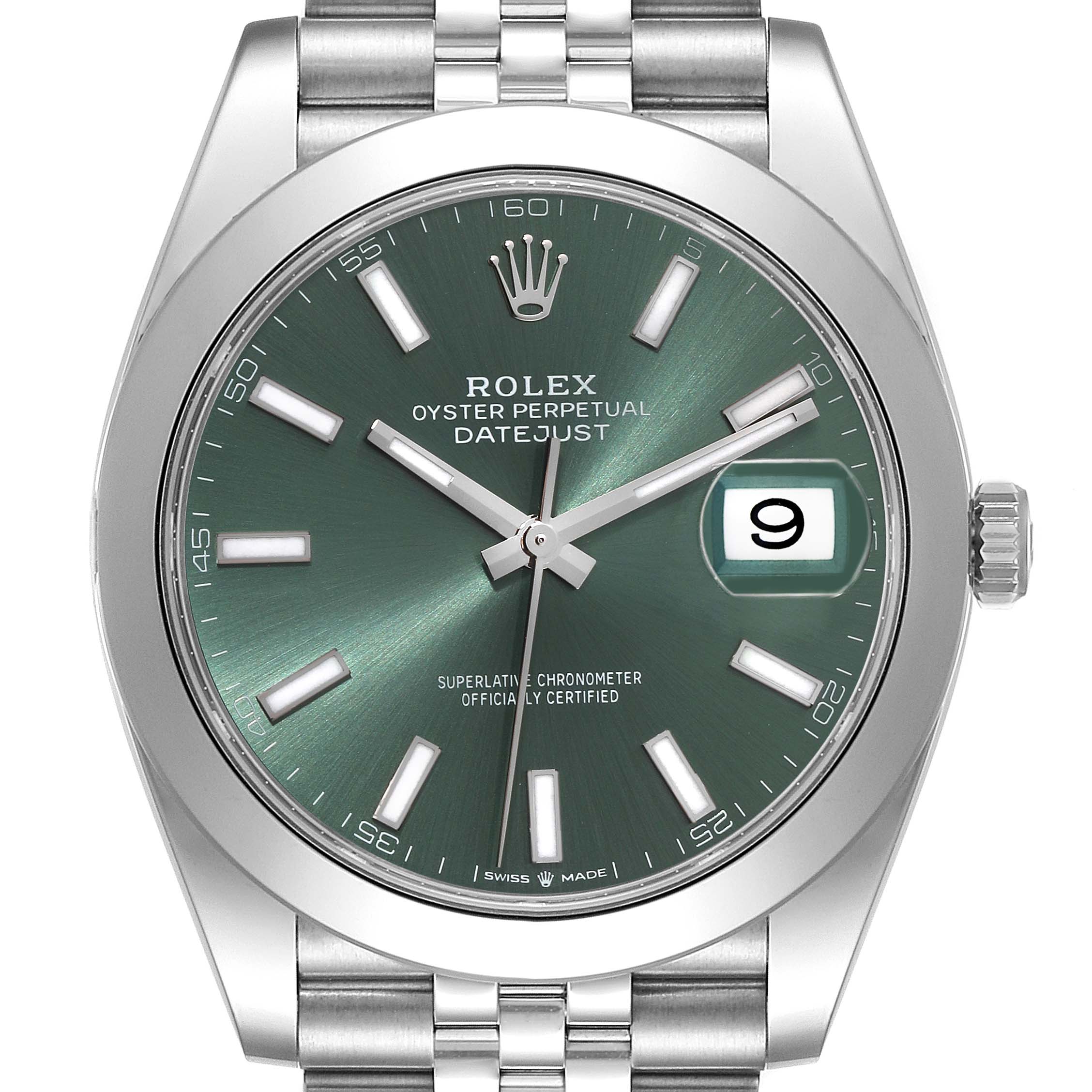 The image shows a front view of the Rolex Datejust 41 126300 Men
s Stainless Steel Green Dial 126300 Men
s Stainless Steel Green Dial watch, highlighting its green dial, date window, and stainless steel bracelet.