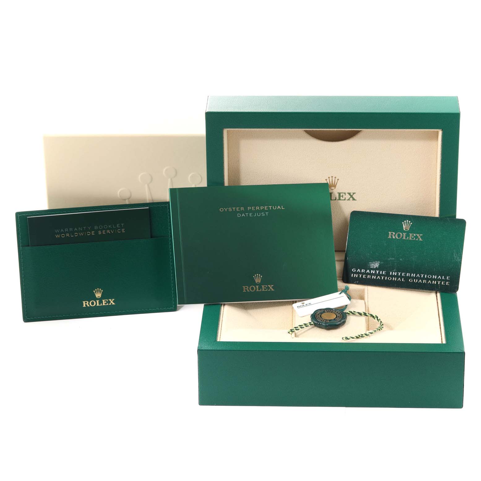 The image shows the packaging and accessories for the Rolex Datejust 41 126301 Men's Steel and Gold (two tone) Grey Dial 126301 Men's Steel and Gold (two tone) Grey Dial, including booklets, warranty card, and a tag.
