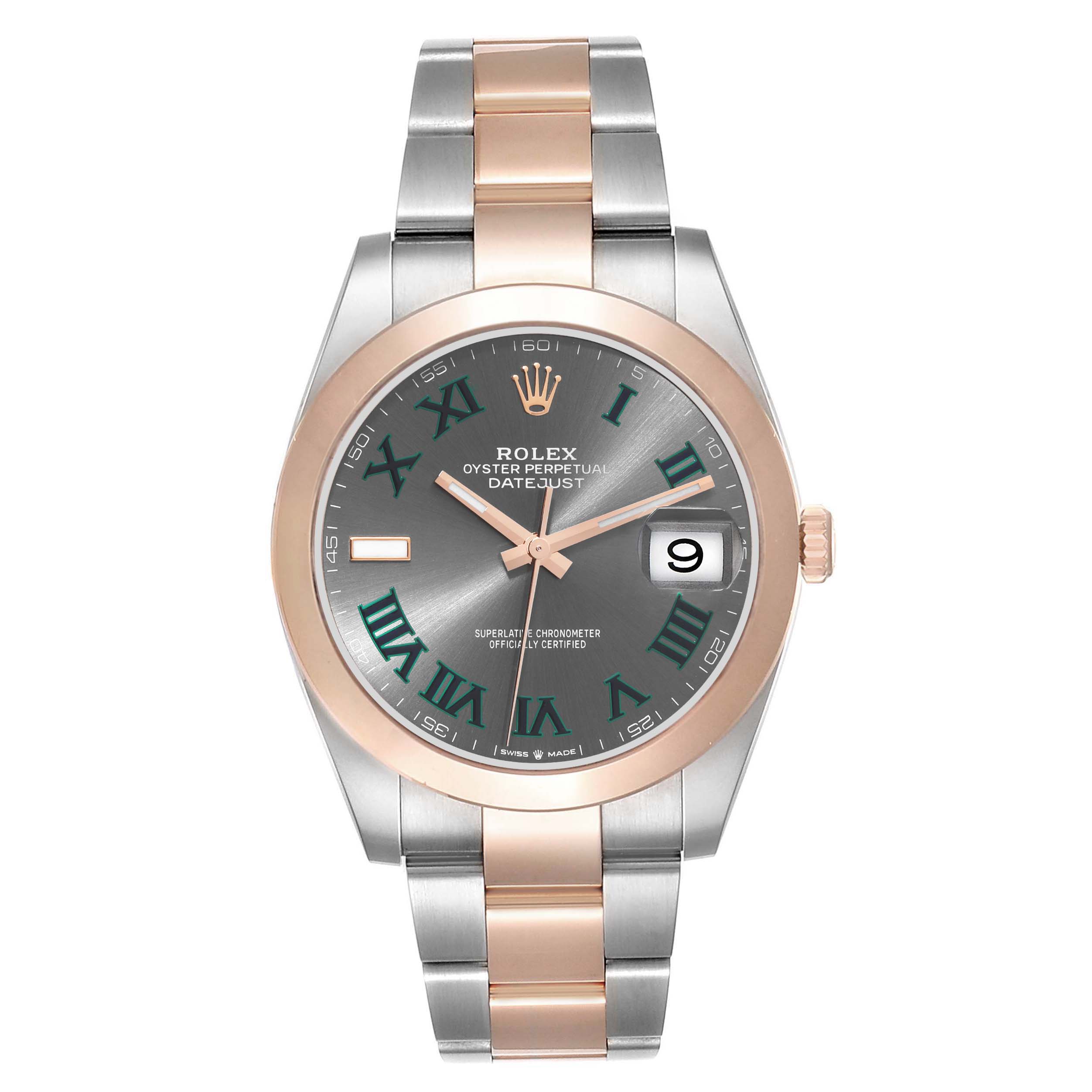 The image shows a front view of the Rolex Datejust 41 126301 Men's Steel and Gold (two tone) Grey Dial 126301 Men's Steel and Gold (two tone) Grey Dial watch, featuring its face, bezel, and bracelet.
