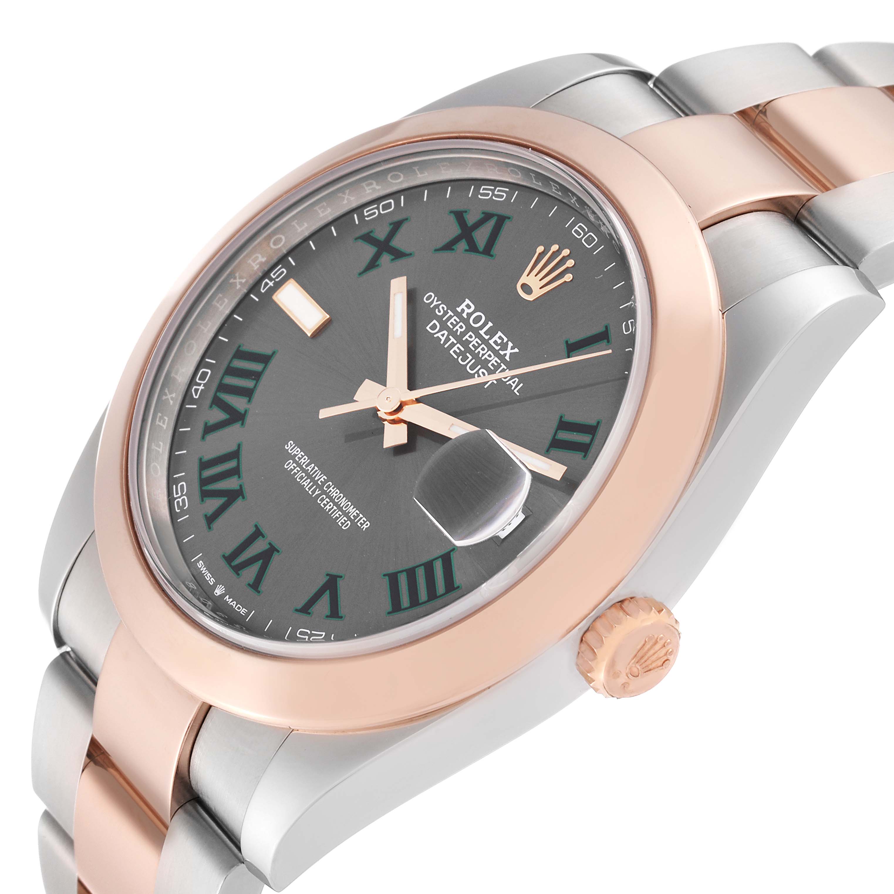 The image shows a Rolex Datejust 41 126301 Men's Steel and Gold (two tone) Grey Dial 126301 Men's Steel and Gold (two tone) Grey Dial watch at a tilted angle, highlighting its rose gold bezel and two-tone bracelet.