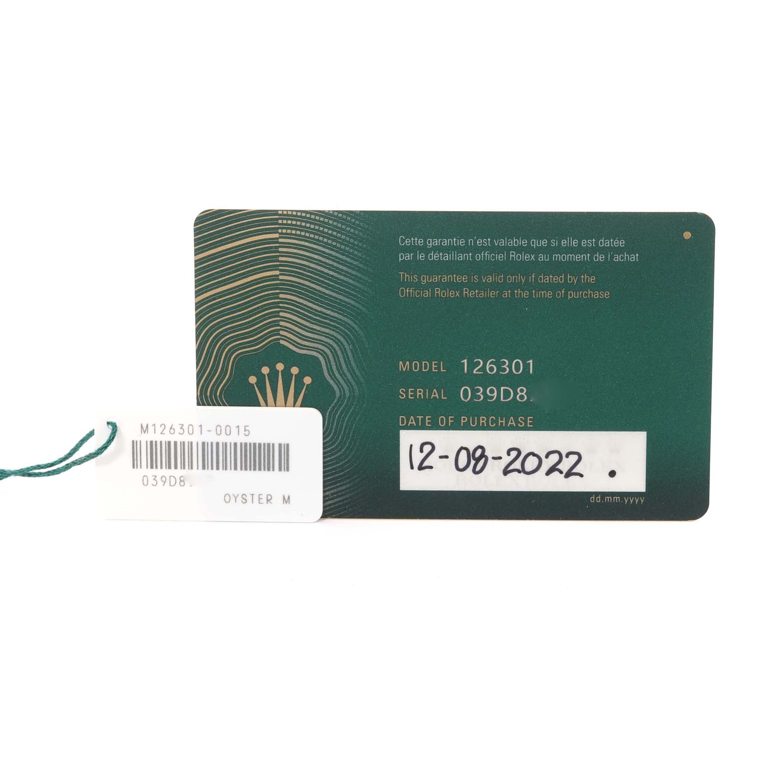 This image shows the warranty card and hang tag for a Rolex Datejust 41 126301 Men's Steel and Gold (two tone) Grey Dial 126301 Men's Steel and Gold (two tone) Grey Dial model.