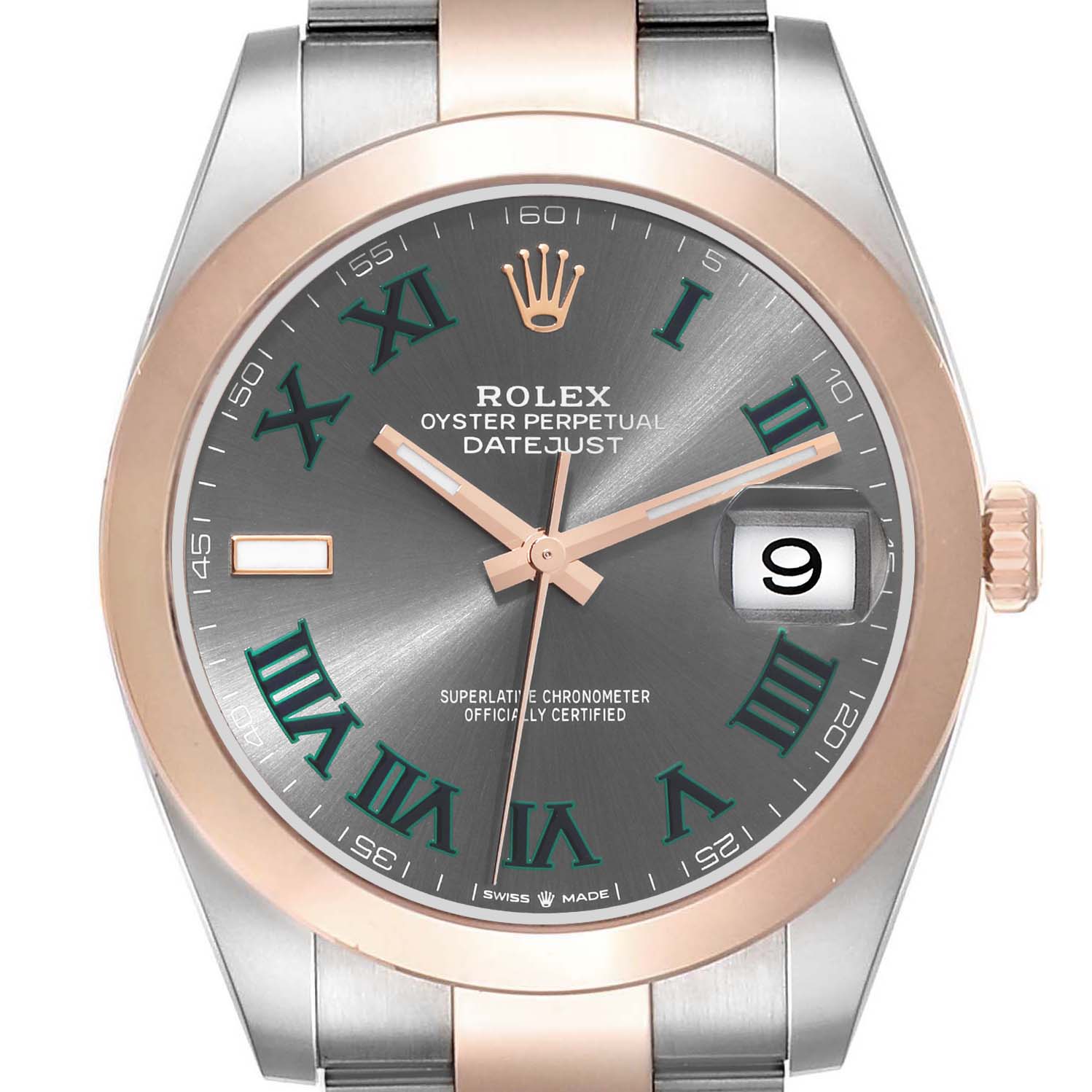 This image shows a frontal view of the Rolex Datejust 41 126301 Men's Steel and Gold (two tone) Grey Dial 126301 Men's Steel and Gold (two tone) Grey Dial watch, highlighting its dial, hands, crown, and partial bracelet.