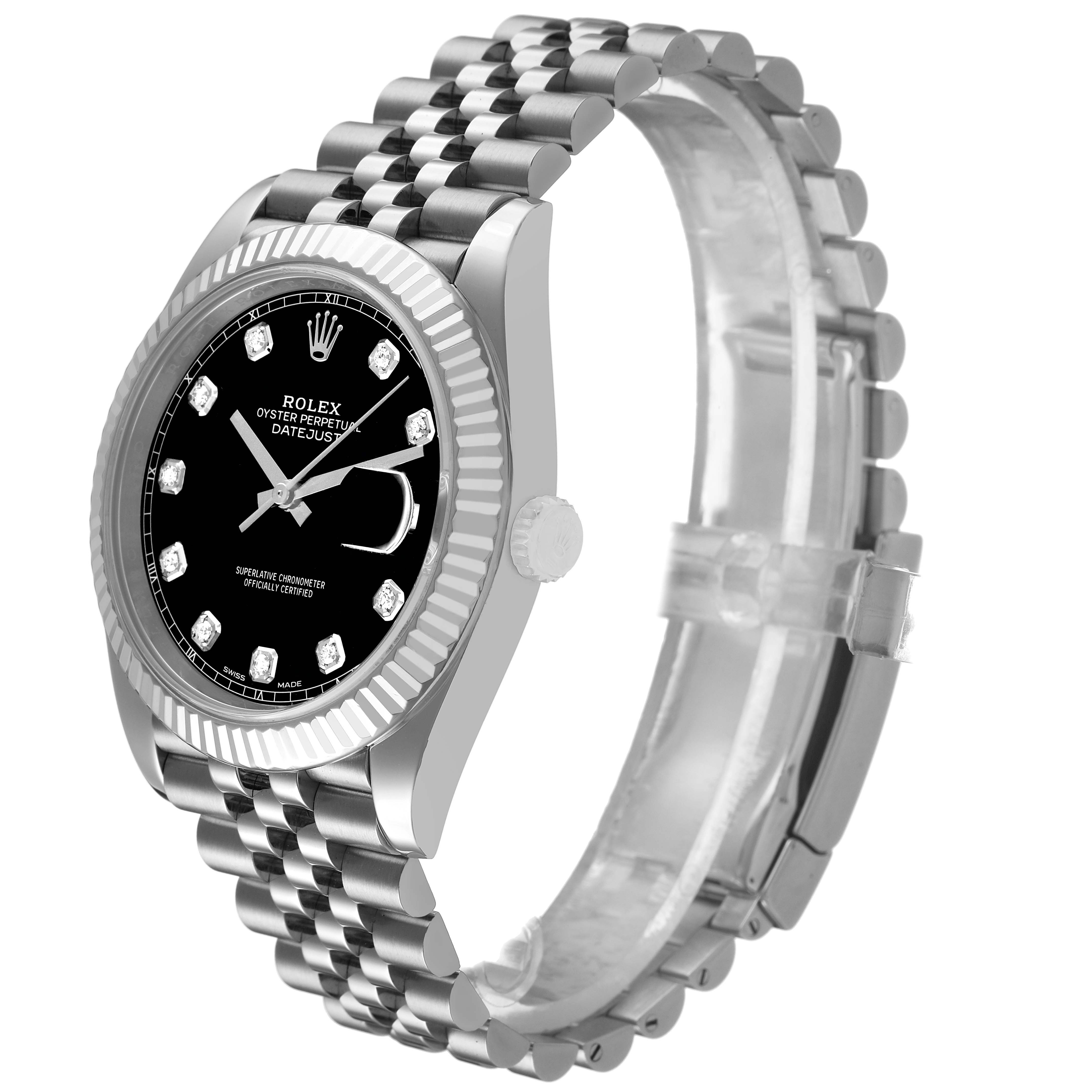 The Rolex Datejust 41 126334 Men's Stainless Steel Grey Dial is shown at a three-quarter angle, highlighting the black dial, fluted bezel, and Jubilee bracelet.