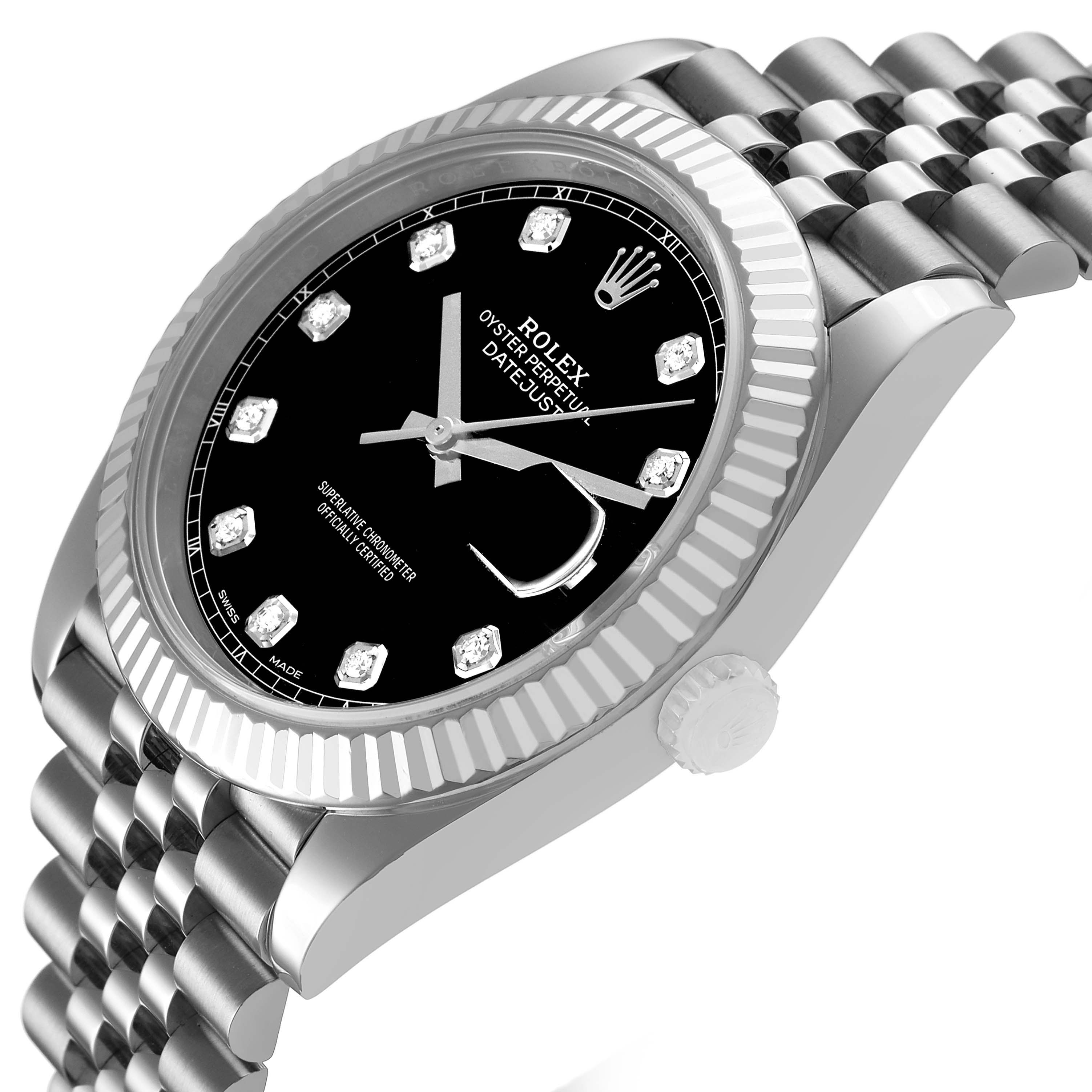 The Rolex Datejust 41 126334 Men's Stainless Steel Grey Dial is shown at a tilted side angle, displaying the bezel, dial, and part of the bracelet.
