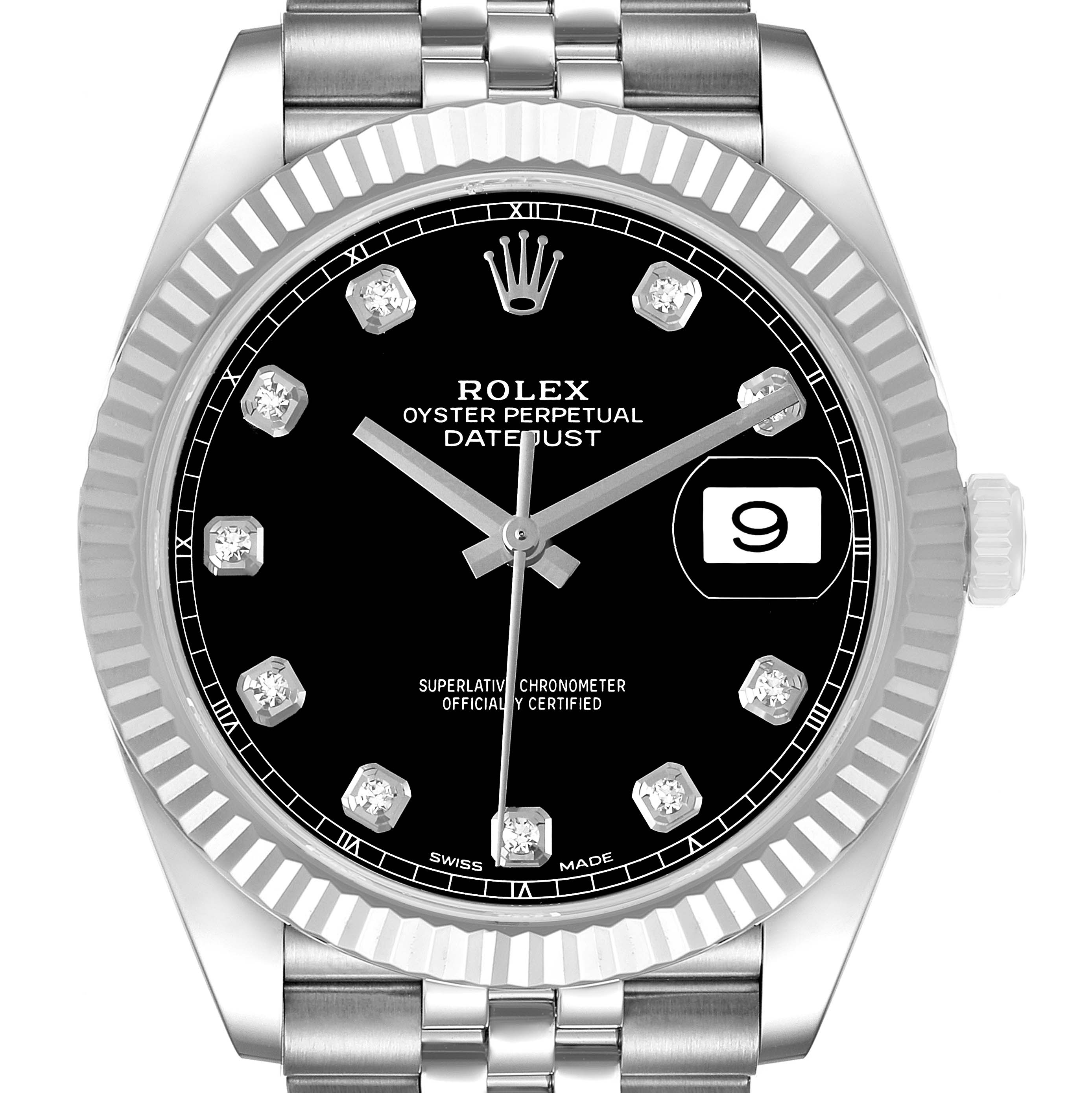 The Rolex Datejust 41 126334 Men's Stainless Steel Grey Dial is shown from the front, featuring a black dial, diamond hour markers, date display, and fluted bezel.