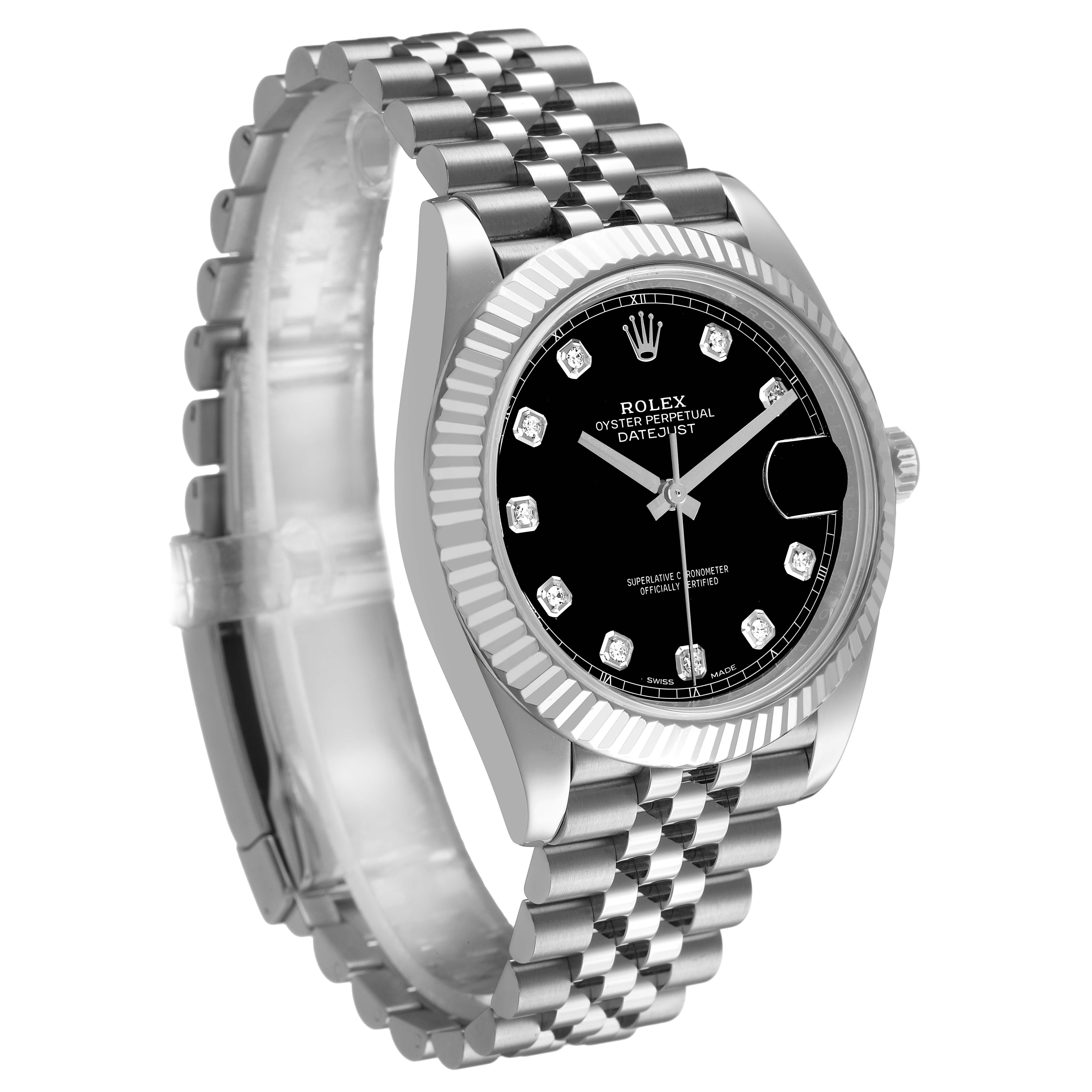 The Rolex Datejust 41 126334 Men's Stainless Steel Grey Dial is shown at a three-quarter angle highlighting its dial, fluted bezel, and Jubilee bracelet.