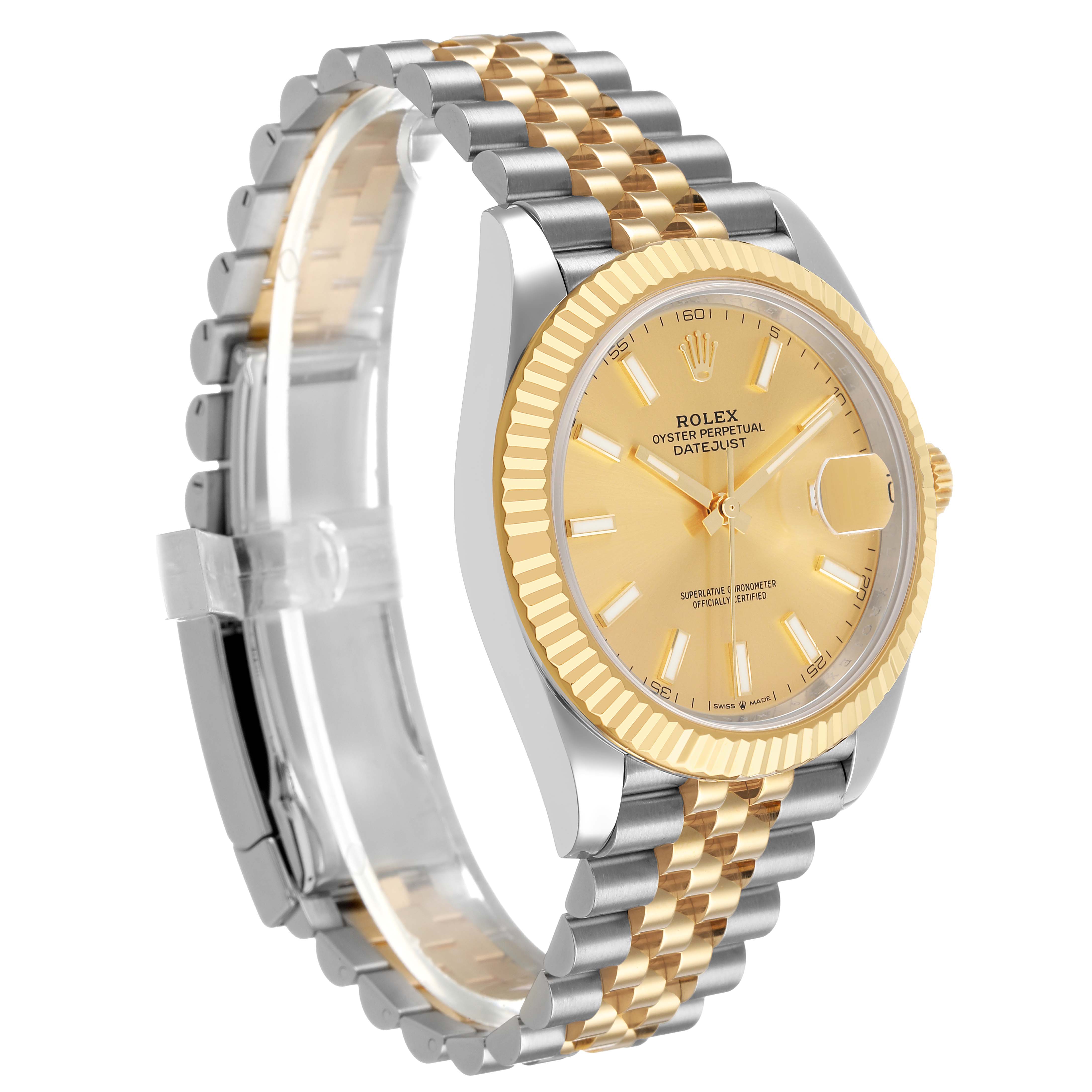 The Rolex Datejust 41 126333 Men's Steel and Gold (two tone) Champagne Dial watch is shown at a three-quarter angle, displaying the gold dial, fluted bezel, and two-tone Jubilee bracelet.