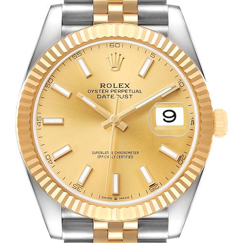 The Rolex Datejust 41 126333 Men's Steel and Gold (two tone) Champagne Dial is shown from a front angle, displaying its dial, hands, bezel, and part of the bracelet.