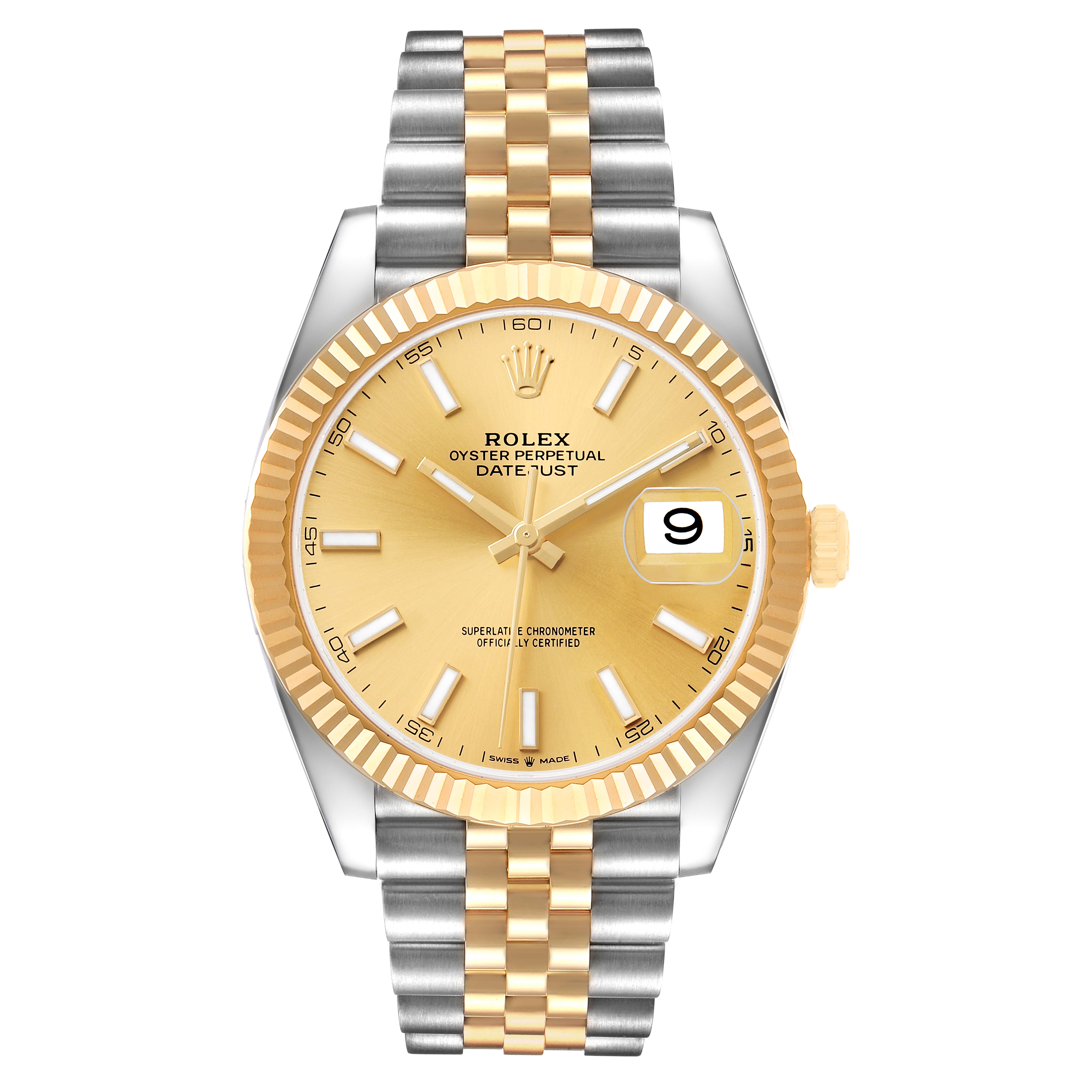 The Rolex Datejust 41 126333 Men's Steel and Gold (two tone) Champagne Dial is shown from a front angle, displaying the dial, fluted bezel, two-tone bracelet, and crown.
