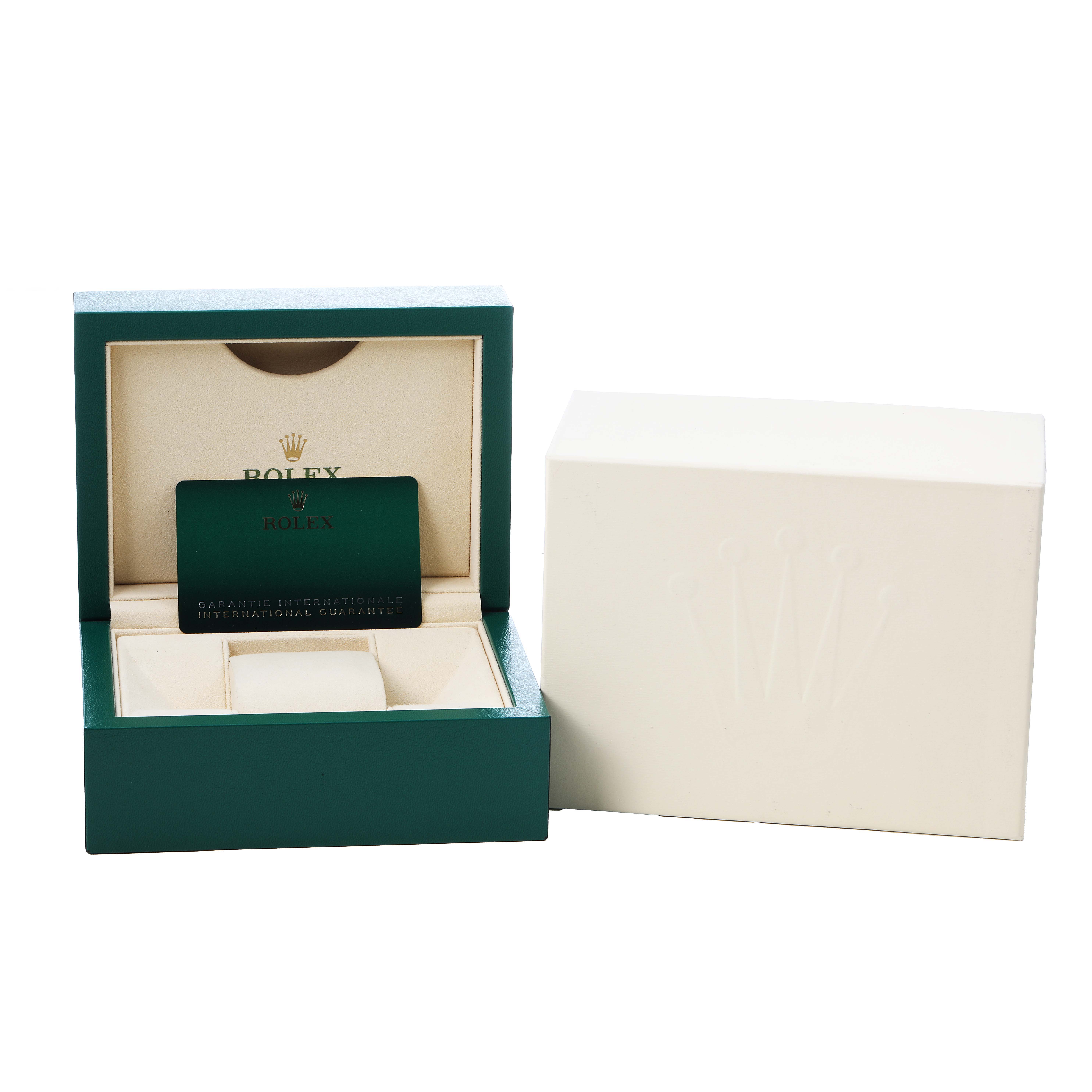 The image shows the Rolex Datejust 41 126333 Men's Steel and Gold (two tone) Champagne Dial's open green watch box, warranty card, and branded outer box from a front angle.