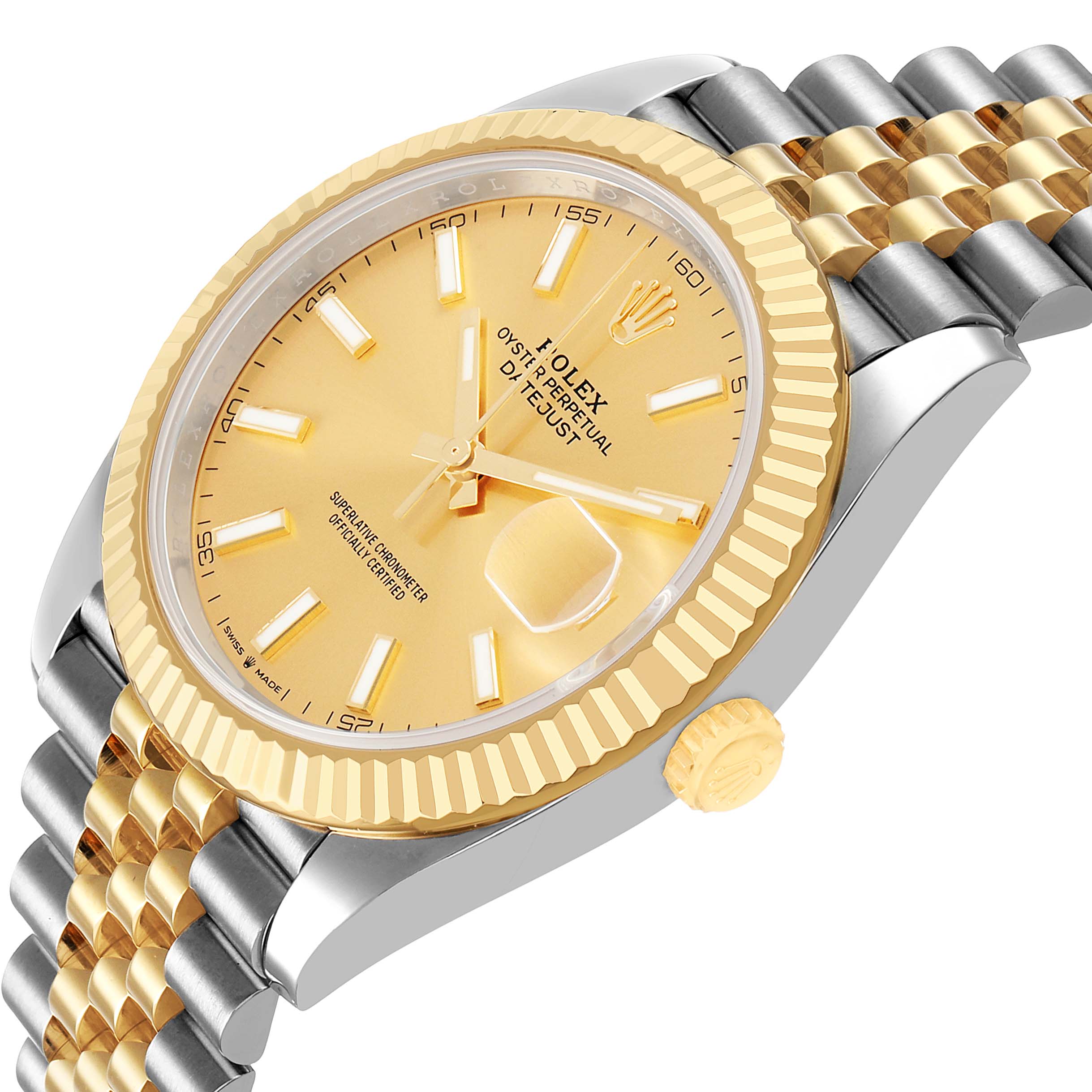 The Rolex Datejust 41 126333 Men's Steel and Gold (two tone) Champagne Dial is shown from an angled view, featuring its gold dial, fluted bezel, and Jubilee bracelet prominently.