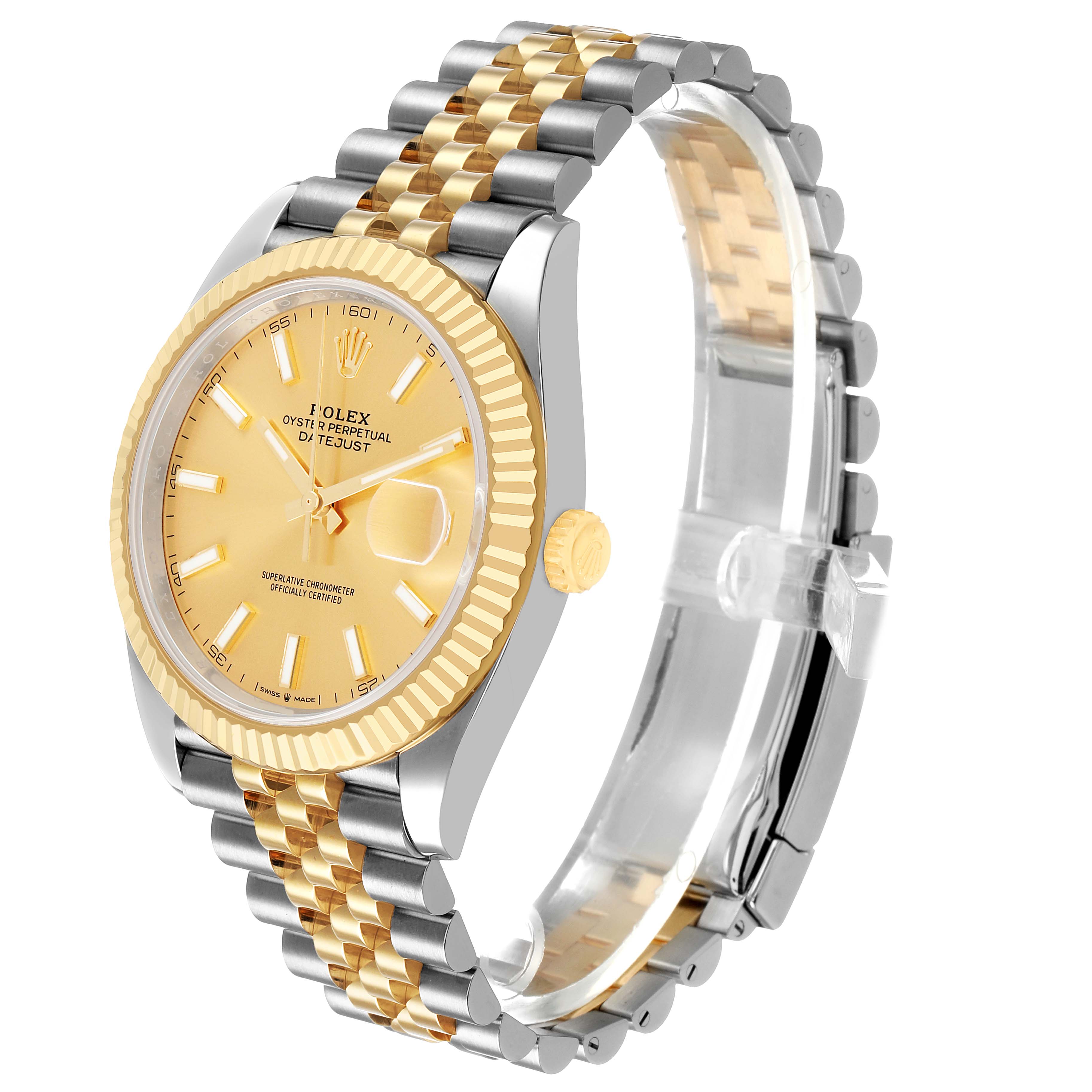 The Rolex Datejust 41 126333 Men's Steel and Gold (two tone) Champagne Dial is shown at a 3/4 angle, highlighting the dial, fluted bezel, and Jubilee bracelet.
