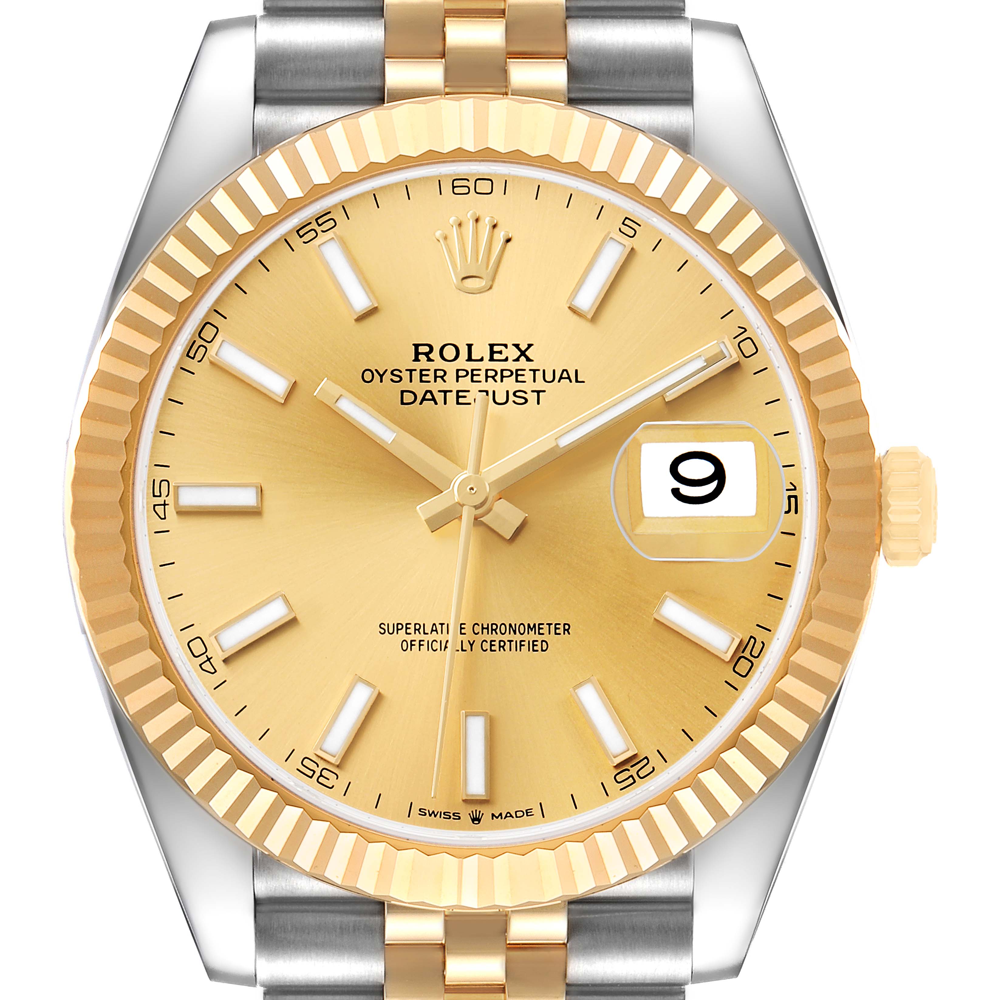 The Rolex Datejust 41 126333 Men's Steel and Gold (two tone) Champagne Dial watch is shown from a top-down angle, highlighting the gold dial, fluted bezel, and the two-tone bracelet.