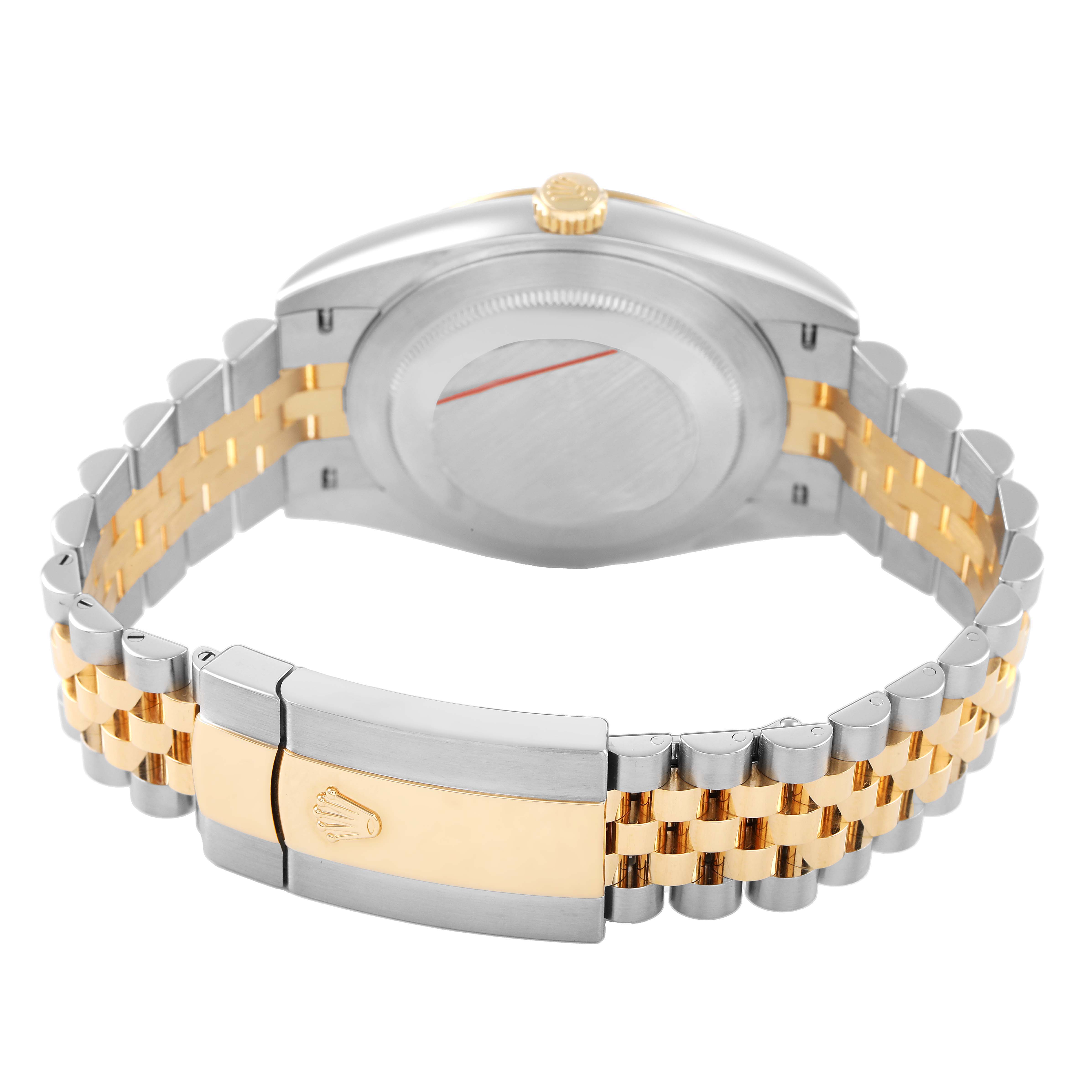 The image shows the back of a Rolex Datejust 41 126333 Men's Steel and Gold (two tone) Champagne Dial, highlighting the bracelet and clasp from a rear angle.