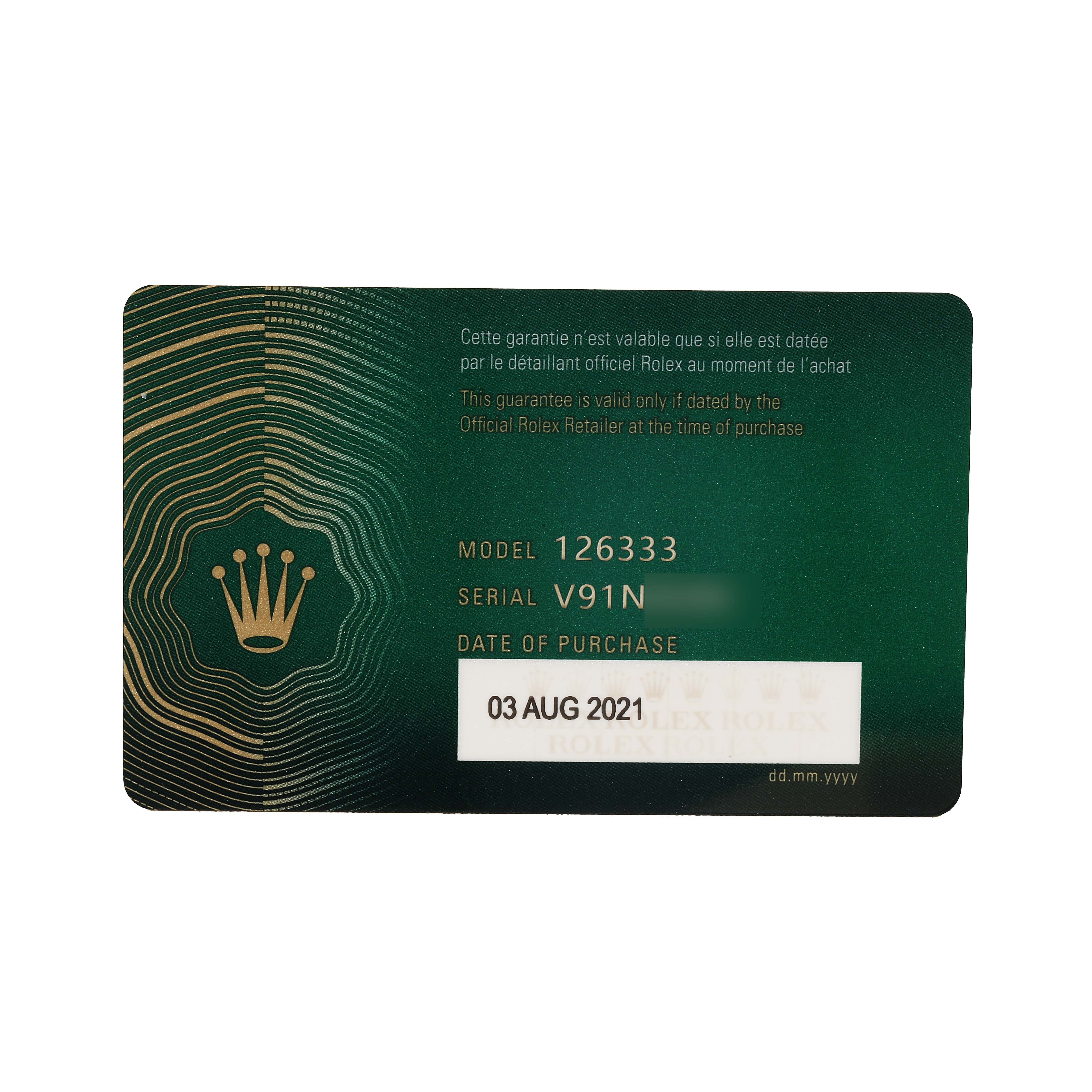 The image shows a Rolex Datejust 41 126333 Men's Steel and Gold (two tone) Champagne Dial warranty card with model and serial numbers visible.