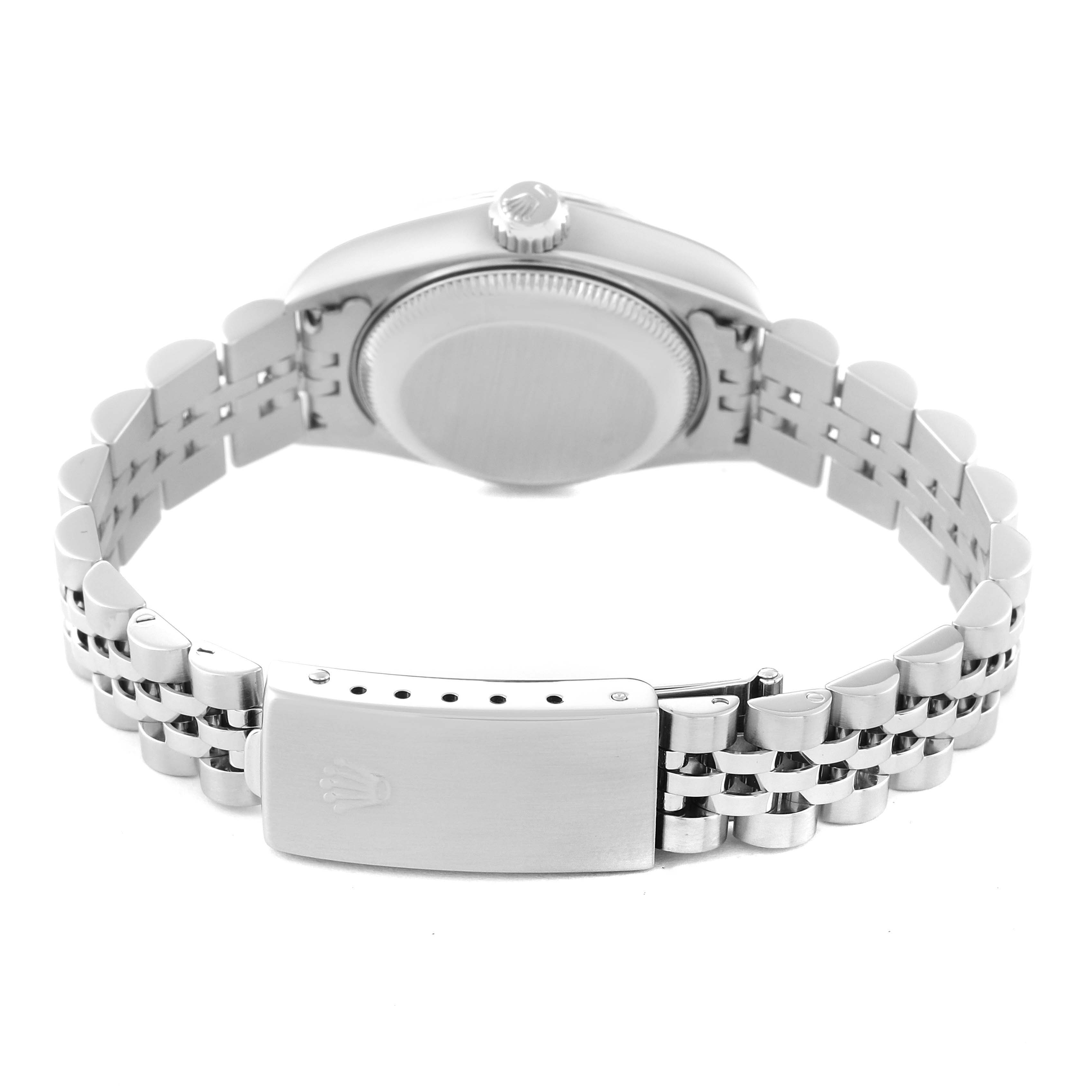 The image shows a rear angle of a Rolex Datejust 79174 Women's Stainless Steel Blue Dial 79174 Women's Stainless Steel Blue Dial watch, highlighting the back of the case and the bracelet clasp.