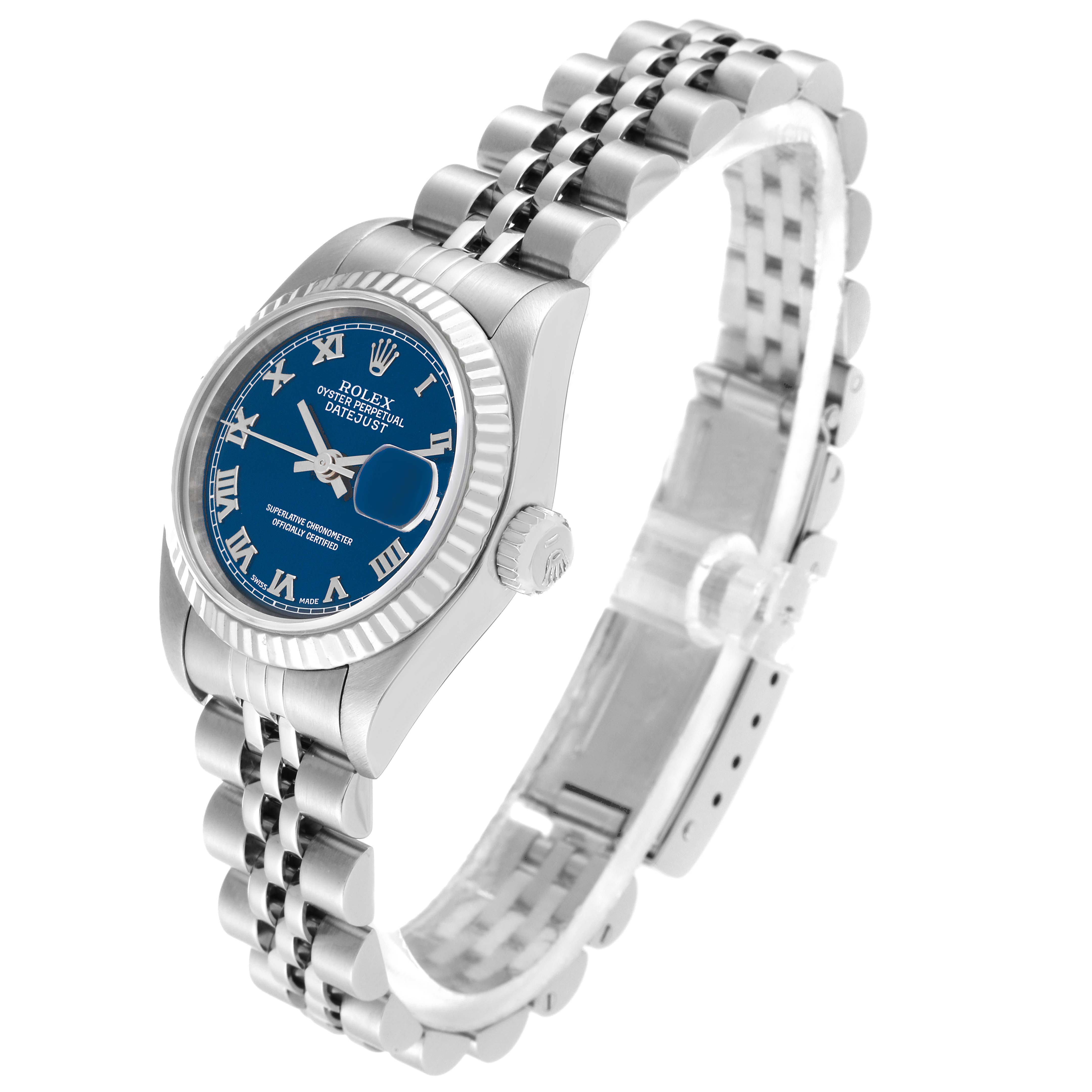 The Rolex Datejust 79174 Women's Stainless Steel Blue Dial 79174 Women's Stainless Steel Blue Dial watch is shown at a three-quarter angle, highlighting its blue dial, bezel, case, crown, and bracelet.