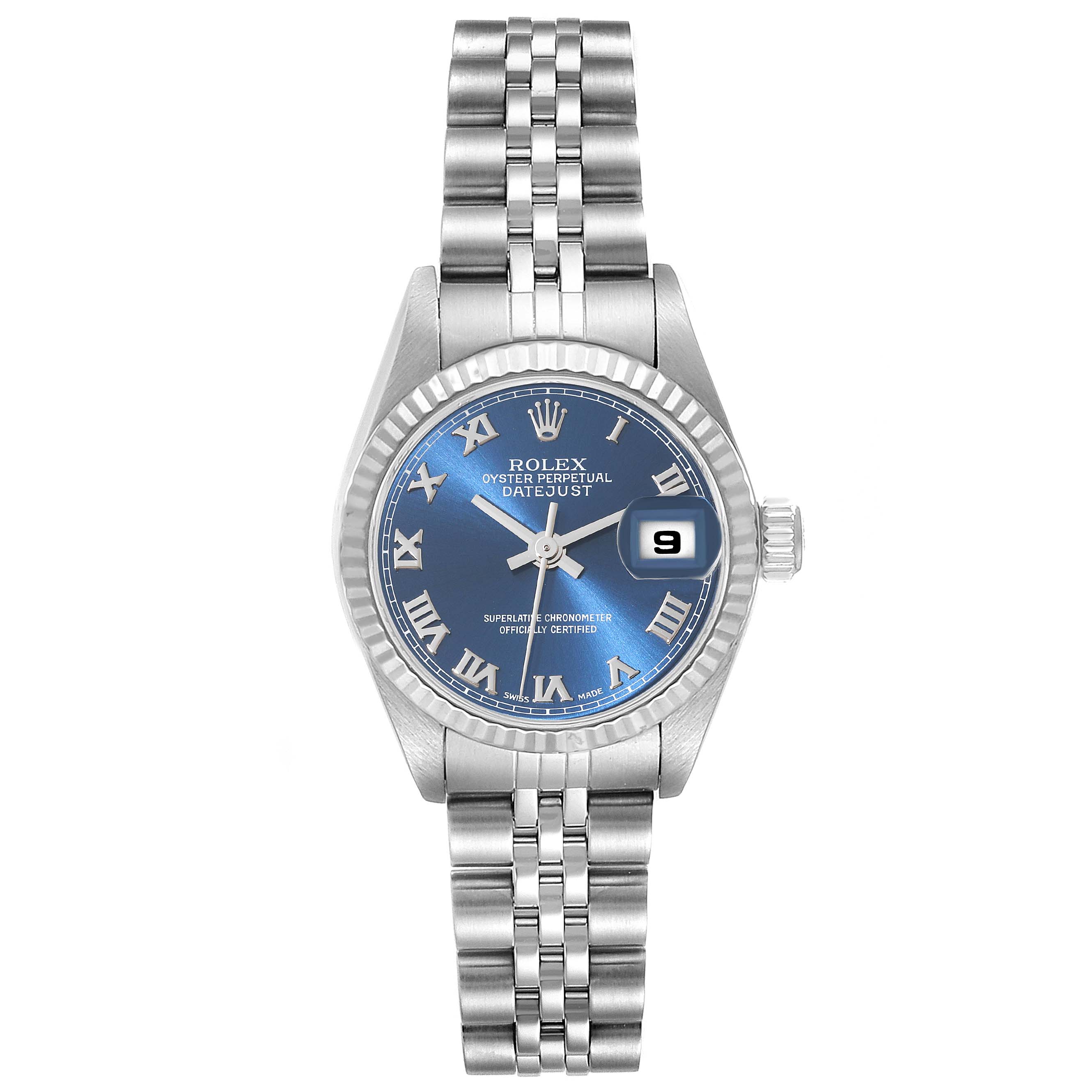 The image shows a front view of a Rolex Datejust 79174 Women's Stainless Steel Blue Dial 79174 Women's Stainless Steel Blue Dial watch with a blue dial, Roman numerals, and a Jubilee bracelet.
