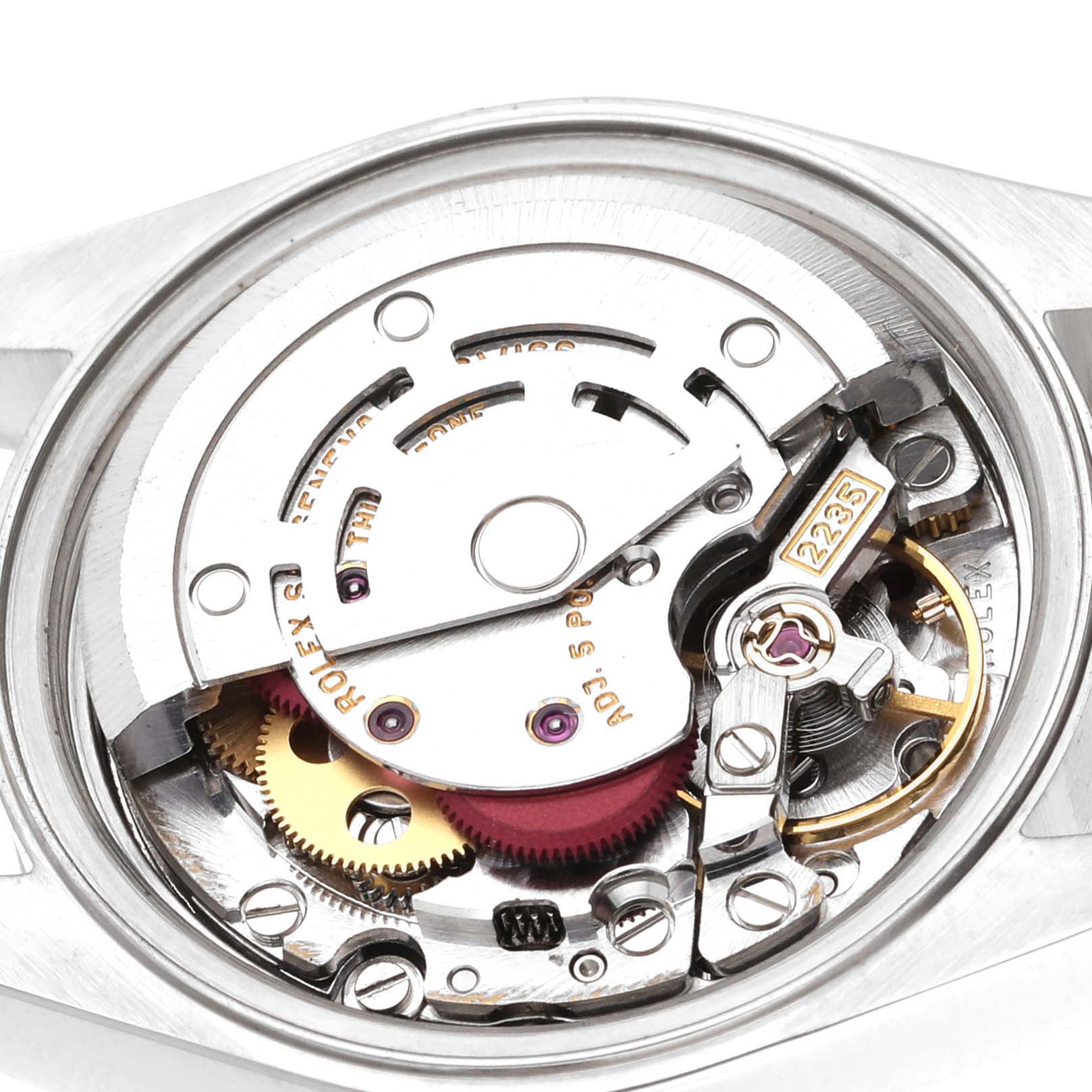 The image shows the internal mechanism of a Rolex Datejust 79174 Women's Stainless Steel Blue Dial 79174 Women's Stainless Steel Blue Dial watch viewed from the back.
