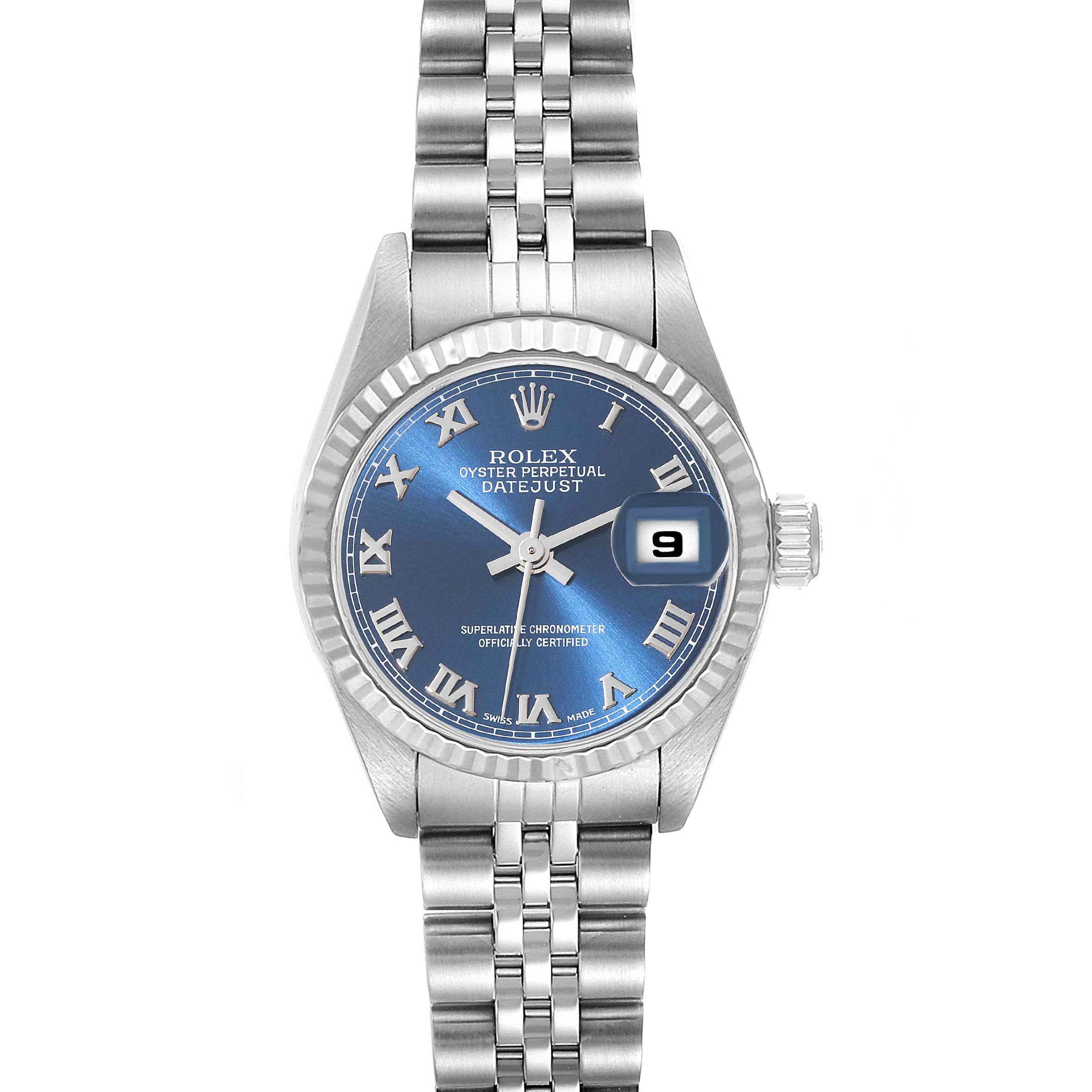 The image shows a full front view of a Rolex Datejust 79174 Women's Stainless Steel Blue Dial 79174 Women's Stainless Steel Blue Dial watch, highlighting the blue dial, metal bracelet, and date window.