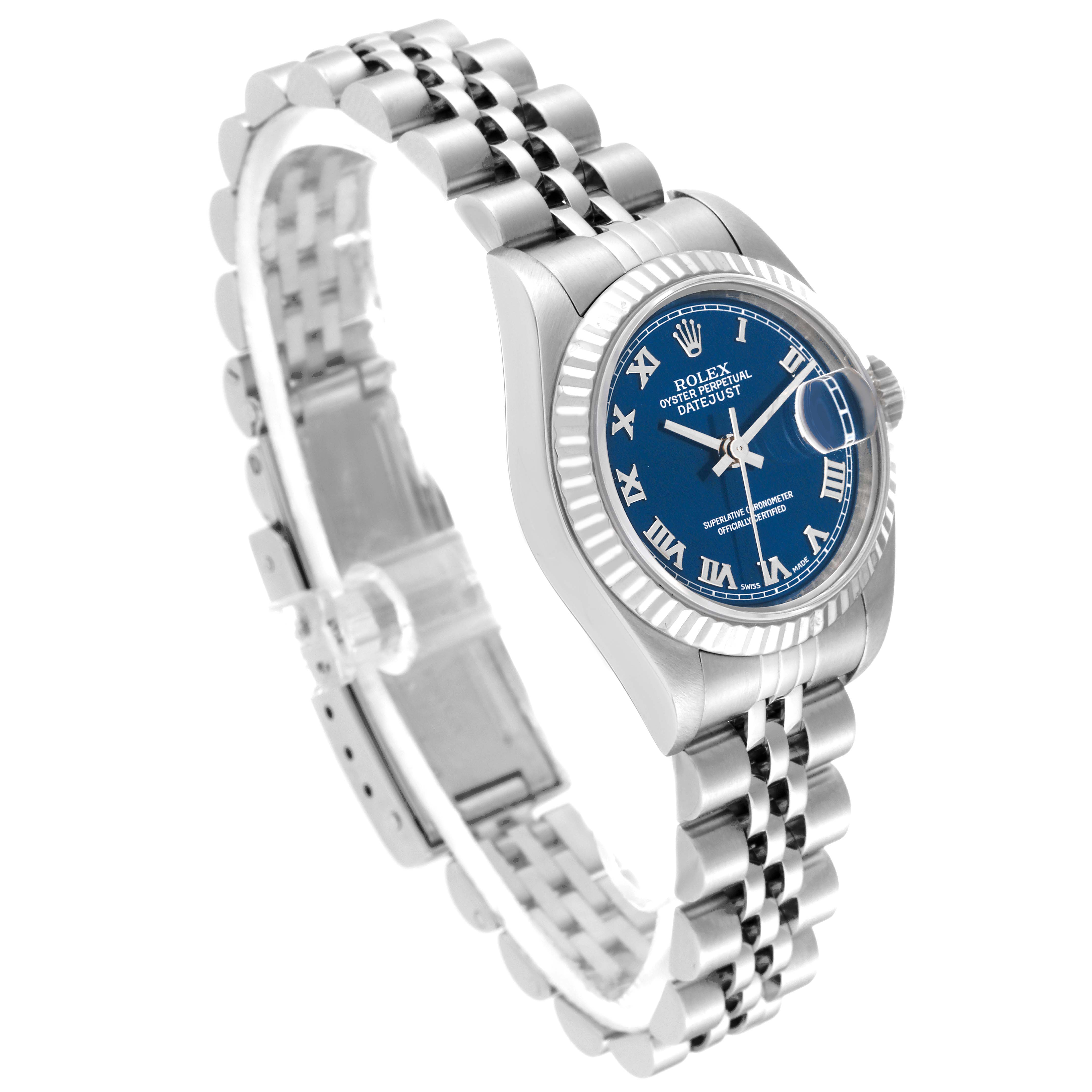 This image shows a Rolex Datejust 79174 Women's Stainless Steel Blue Dial 79174 Women's Stainless Steel Blue Dial watch at an angle highlighting the bracelet, case, bezel, and blue Roman numeral dial.