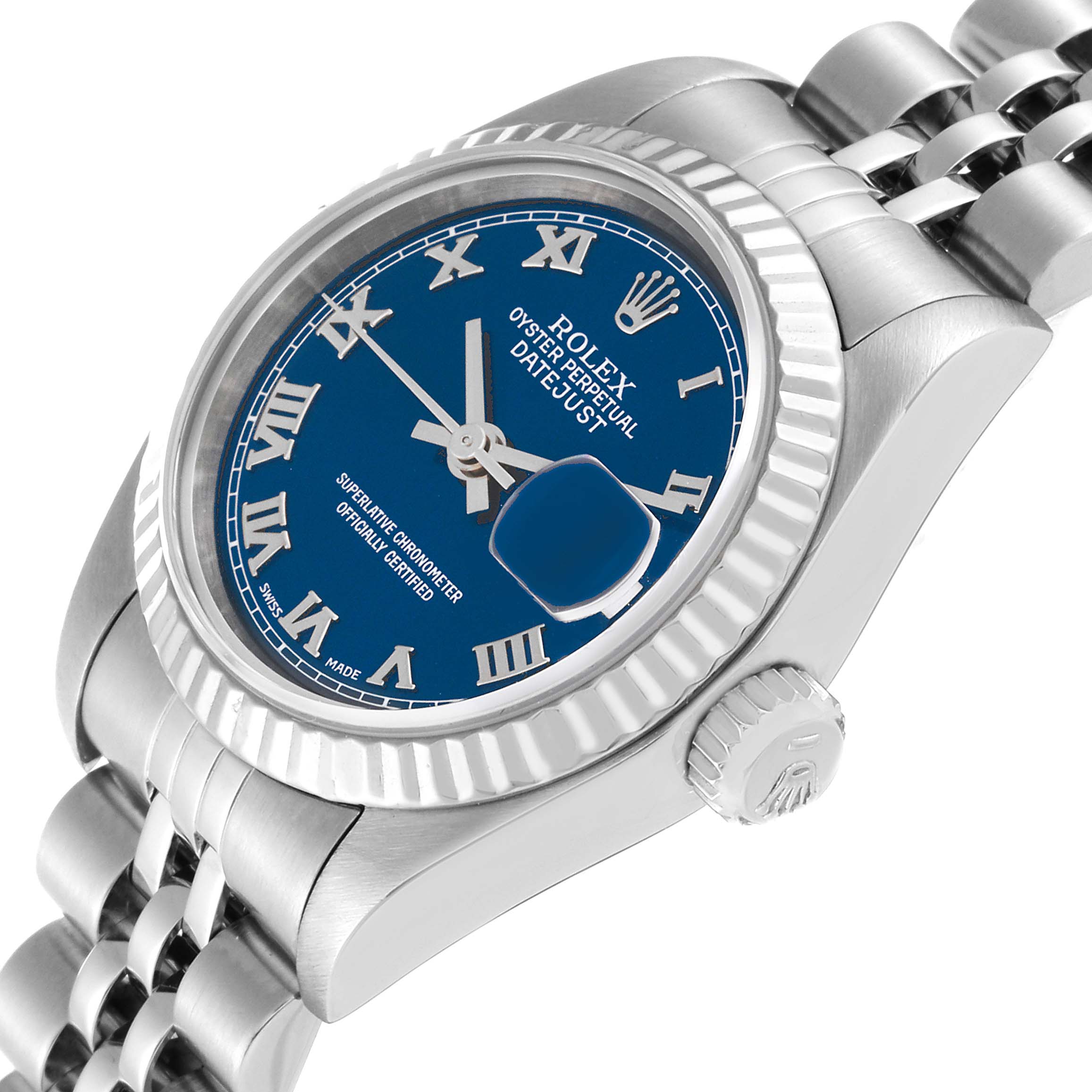 The Rolex Datejust 79174 Women's Stainless Steel Blue Dial 79174 Women's Stainless Steel Blue Dial watch is shown at an angled close-up, highlighting its dial, bezel, crown, and part of the bracelet.