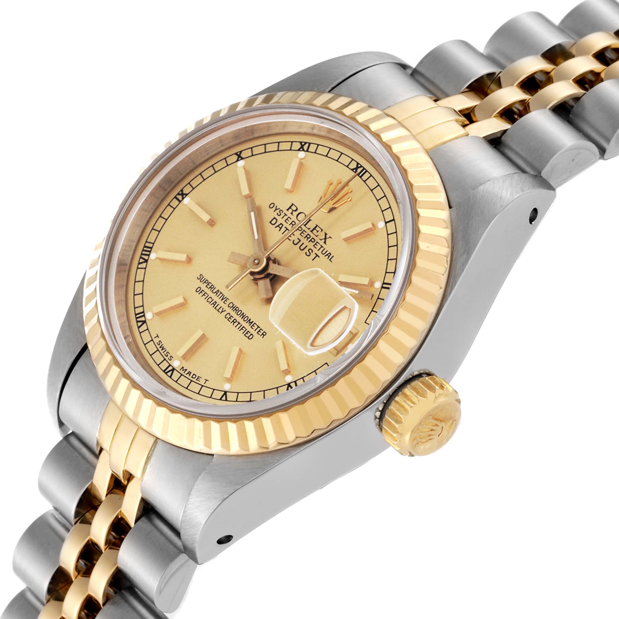 The Rolex Datejust 69173 Women's Steel and Gold (two tone) Beige Dial 69173 Women's Steel and Gold (two tone) Beige Dial watch is shown at a tilted angle, highlighting the dial, bezel, crown, and bracelet.