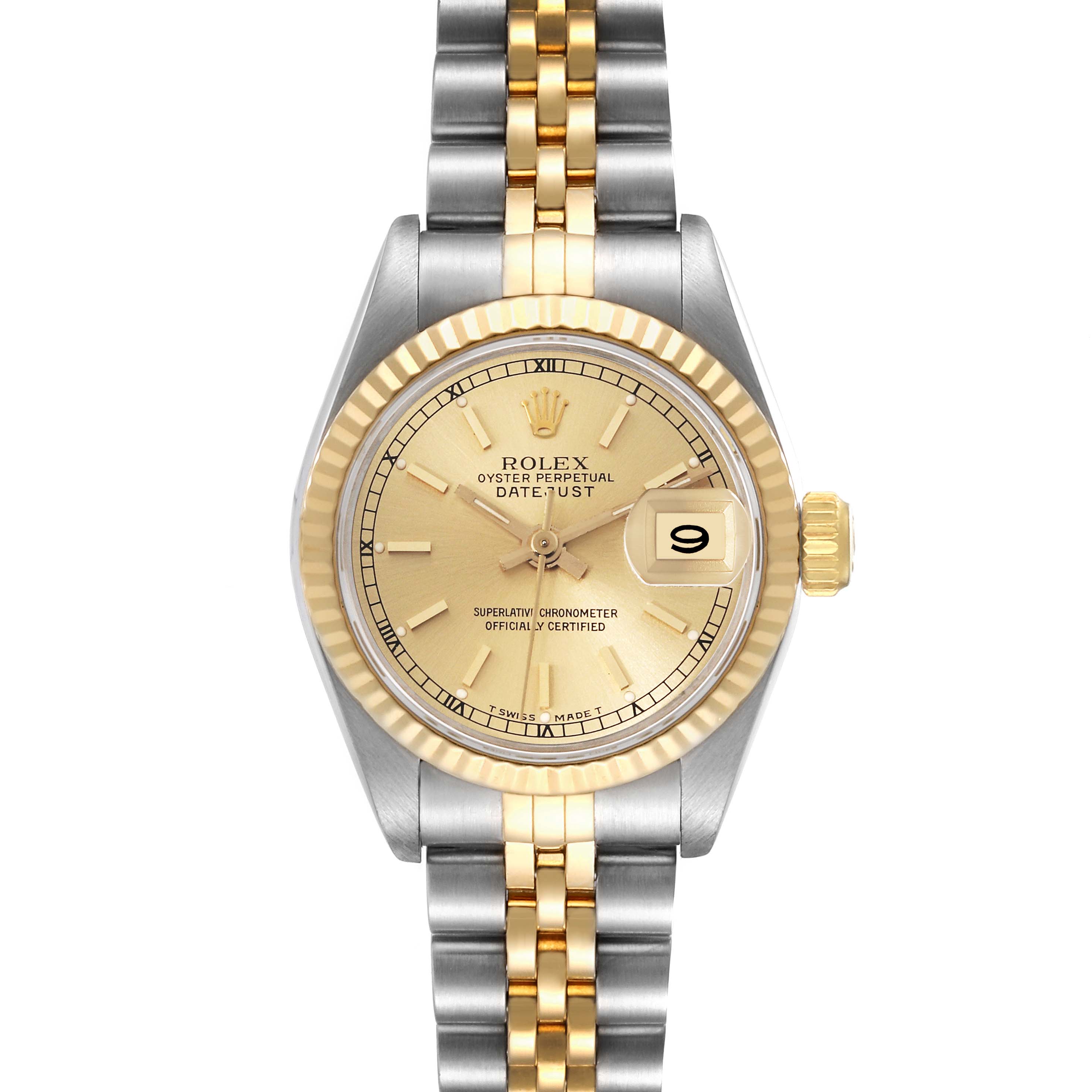 This image shows a front view of a Rolex Datejust 69173 Women's Steel and Gold (two tone) Beige Dial 69173 Women's Steel and Gold (two tone) Beige Dial watch featuring a two-tone bracelet and a gold bezel.