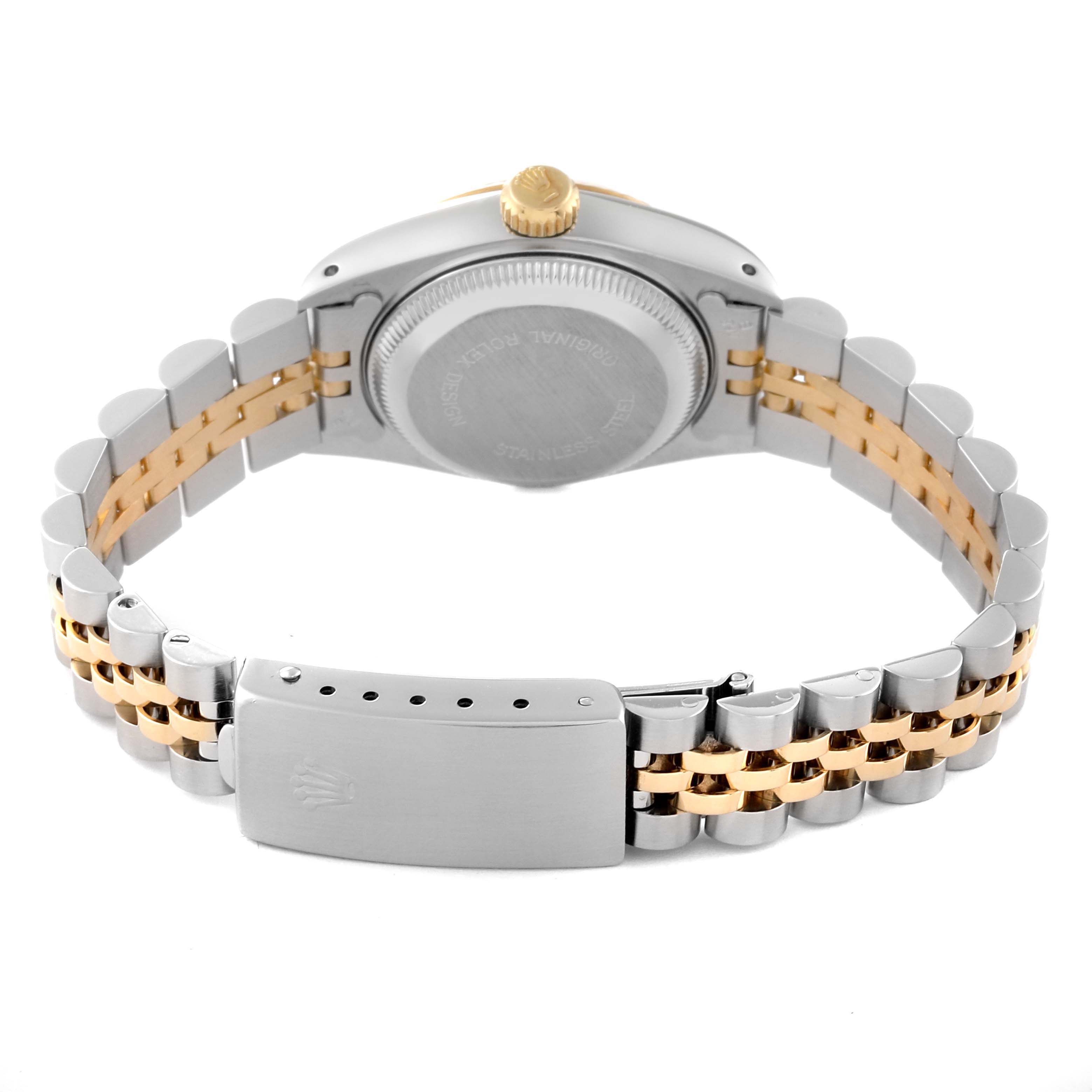 The image shows the back view of a Rolex Datejust 69173 Women's Steel and Gold (two tone) Beige Dial 69173 Women's Steel and Gold (two tone) Beige Dial watch, focusing on the case back, crown, and two-tone bracelet.