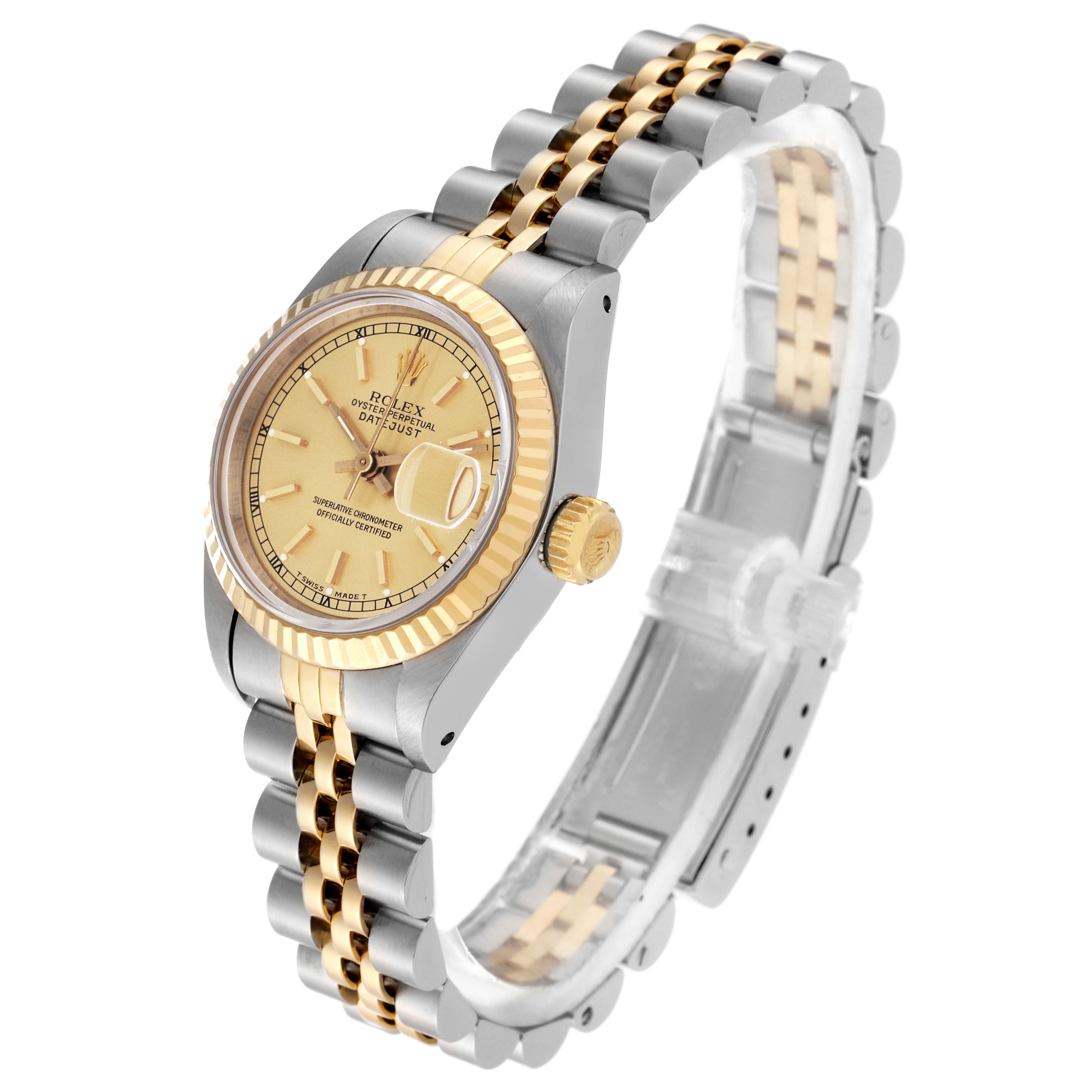 The Rolex Datejust 69173 Women's Steel and Gold (two tone) Beige Dial 69173 Women's Steel and Gold (two tone) Beige Dial watch is shown at a 3/4 angle, displaying its gold and silver bracelet and fluted bezel.