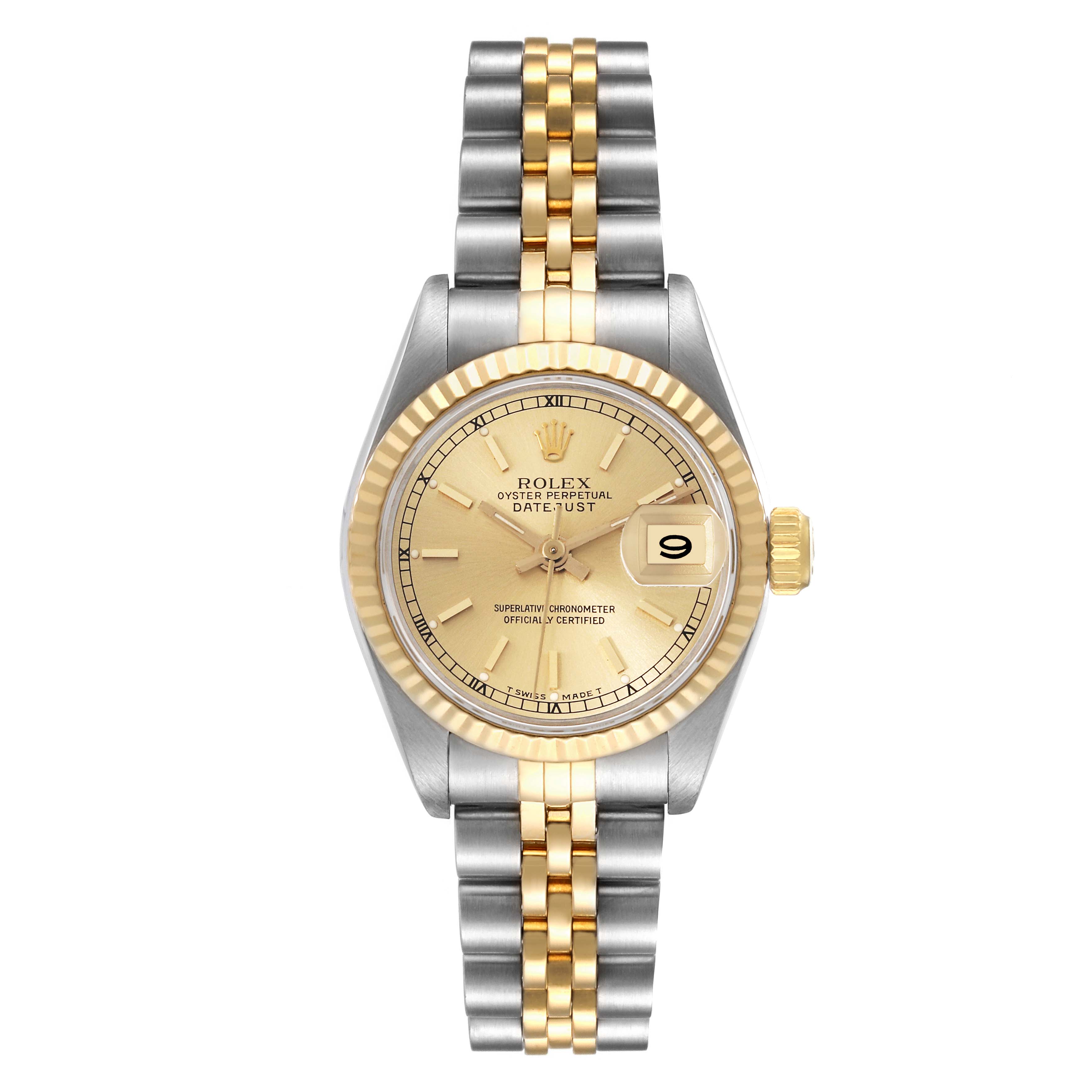 The image shows a front view of the Rolex Datejust 69173 Women's Steel and Gold (two tone) Beige Dial 69173 Women's Steel and Gold (two tone) Beige Dial watch, highlighting its gold dial, fluted bezel, and two-tone bracelet.