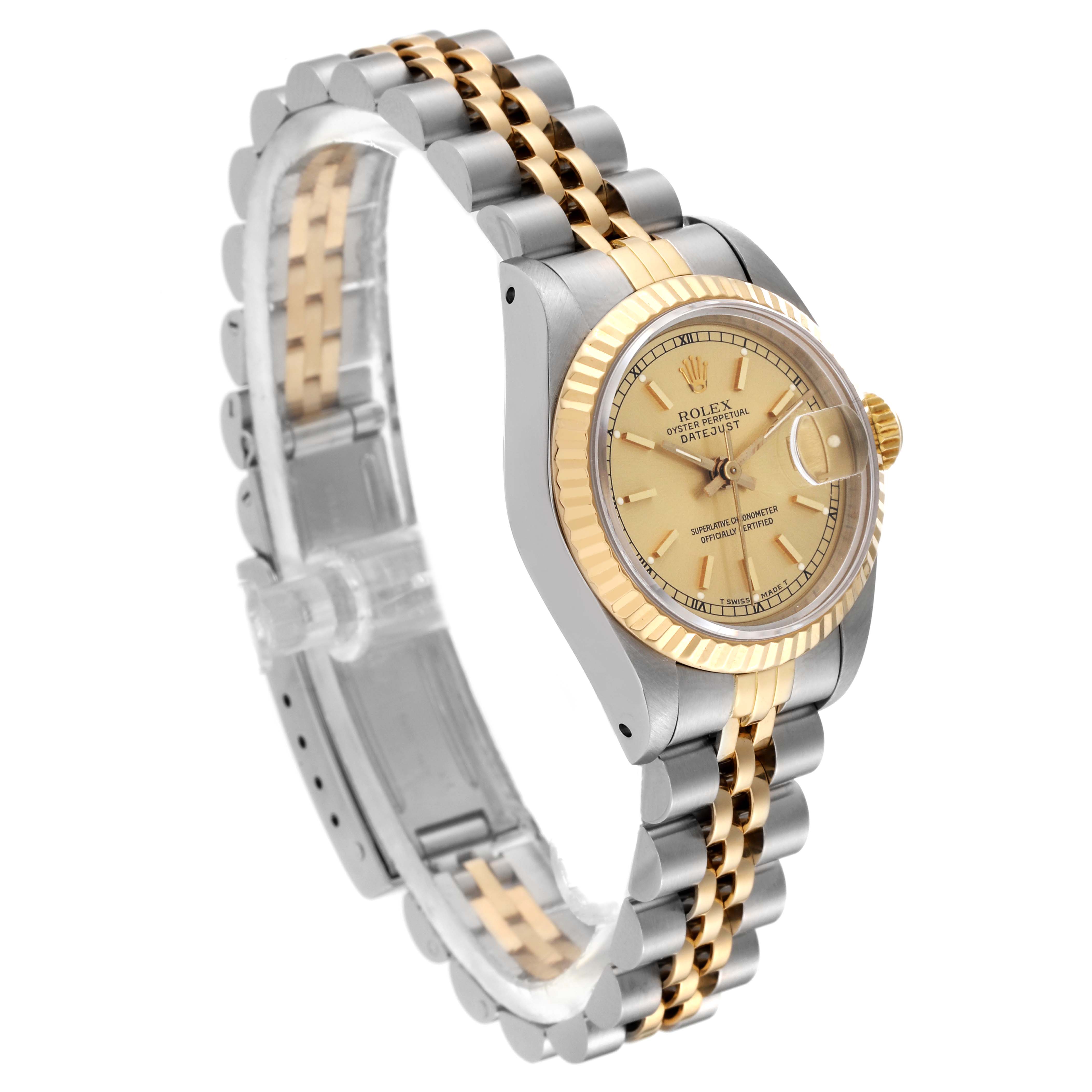 The Rolex Datejust 69173 Women's Steel and Gold (two tone) Beige Dial 69173 Women's Steel and Gold (two tone) Beige Dial watch is shown at a slight angle, displaying its gold dial, fluted bezel, and Jubilee two-tone bracelet.