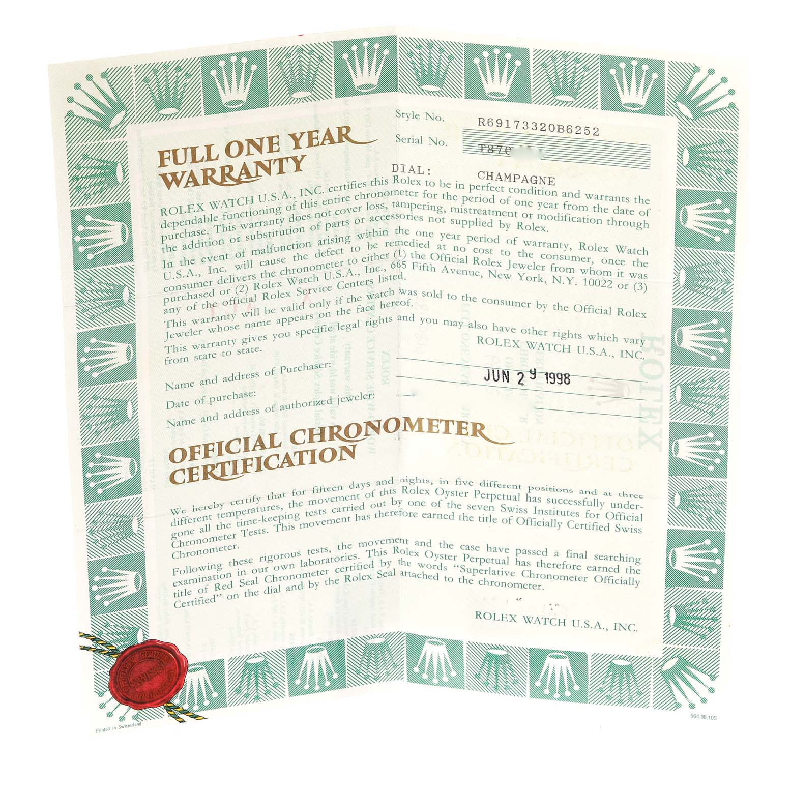 The image shows the open warranty certificate and chronometer certification for the Rolex Datejust 69173 Women's Steel and Gold (two tone) Champagne Dial 69173 Women's Steel and Gold (two tone) Champagne Dial model.