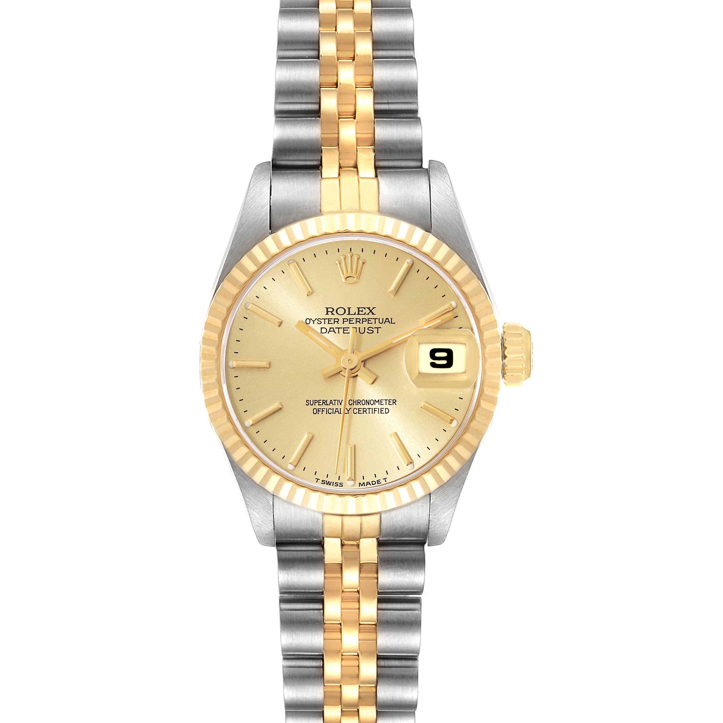 The Rolex Datejust 69173 Women's Steel and Gold (two tone) Champagne Dial 69173 Women's Steel and Gold (two tone) Champagne Dial watch is shown from a top-down angle, detailing its gold dial, fluted bezel, and two-tone bracelet.