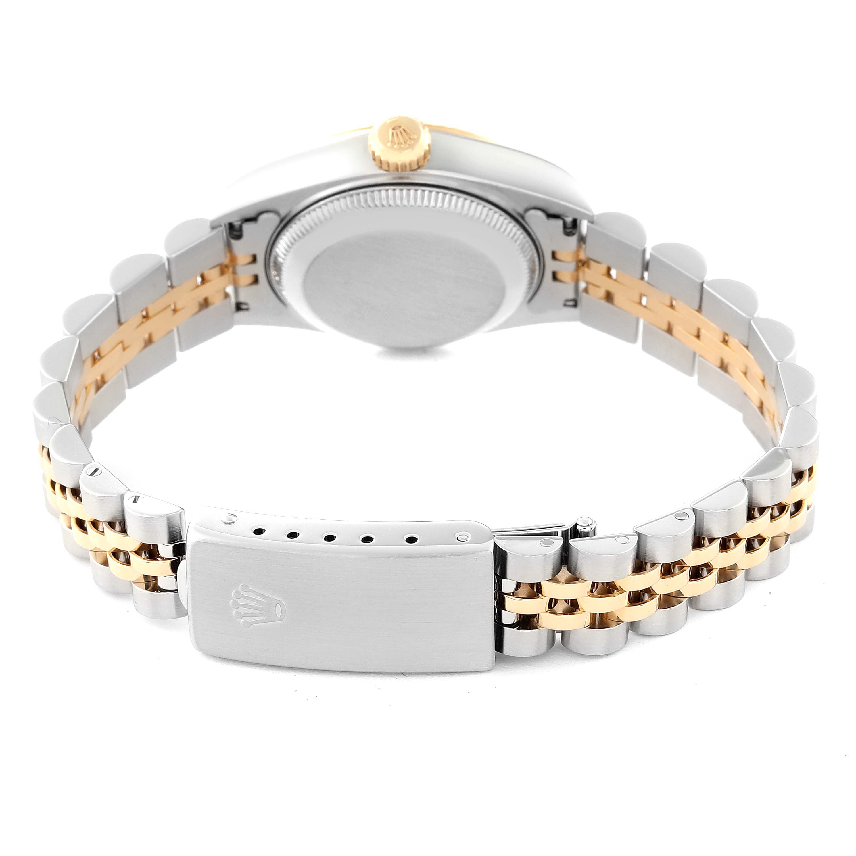 This image shows the back view of the Rolex Datejust 69173 Women's Steel and Gold (two tone) Champagne Dial 69173 Women's Steel and Gold (two tone) Champagne Dial model, highlighting the case back and bicolored bracelet and clasp.