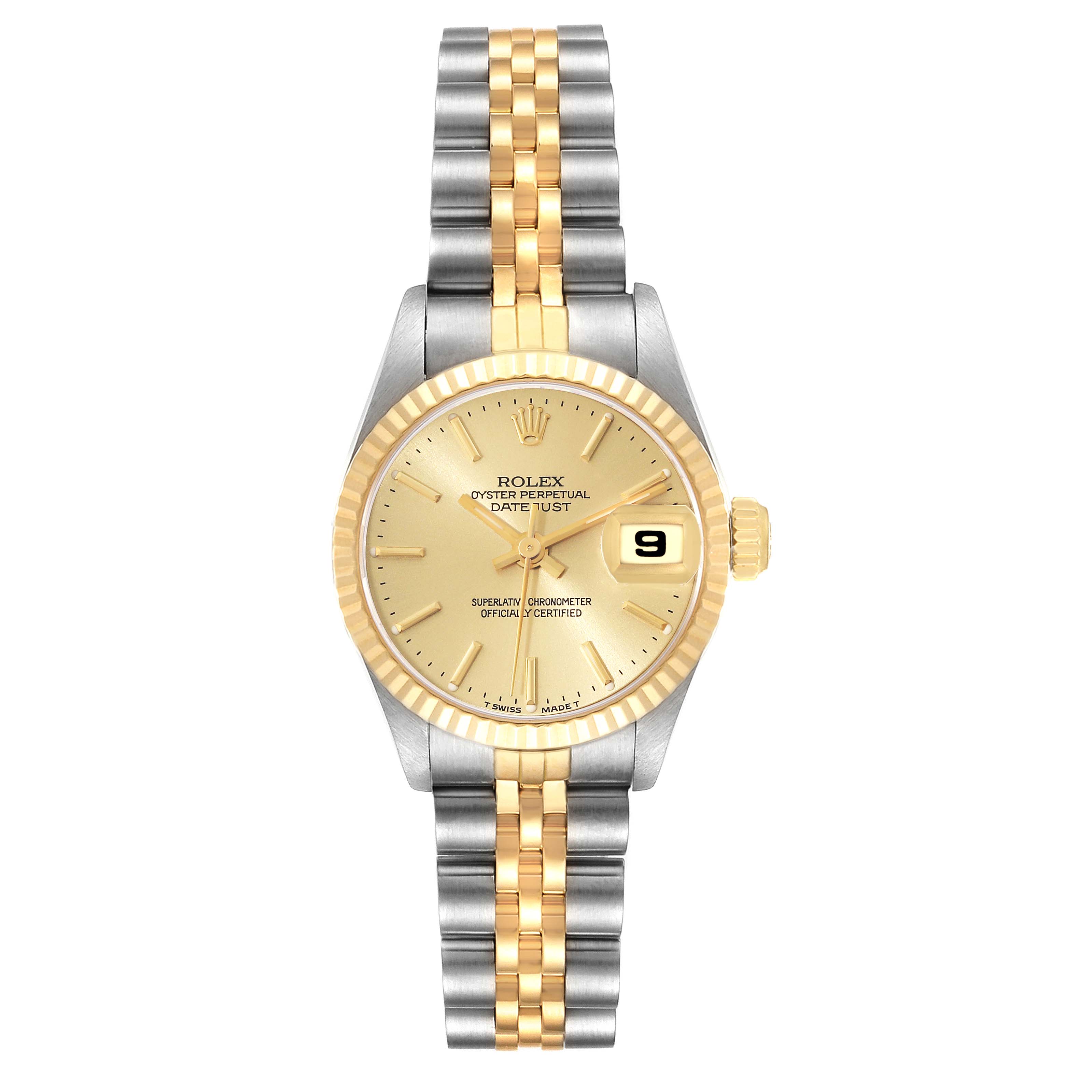 The Rolex Datejust 69173 Women's Steel and Gold (two tone) Champagne Dial 69173 Women's Steel and Gold (two tone) Champagne Dial watch is shown from the front, featuring a two-tone bracelet, gold dial, and date display.
