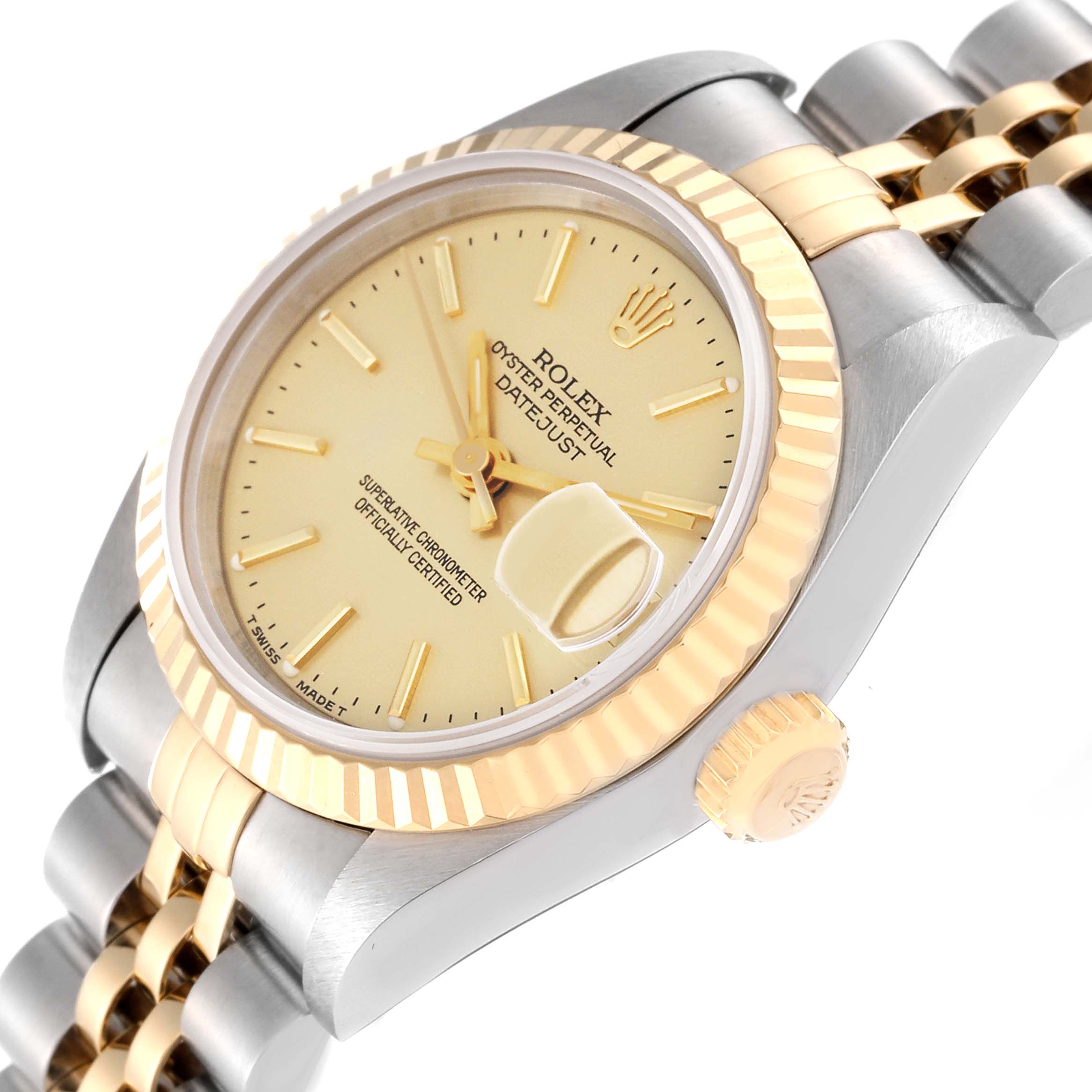 The image shows a side angle of a Rolex Datejust 69173 Women's Steel and Gold (two tone) Champagne Dial 69173 Women's Steel and Gold (two tone) Champagne Dial watch, highlighting the case, bezel, dial, bracelet, and crown.